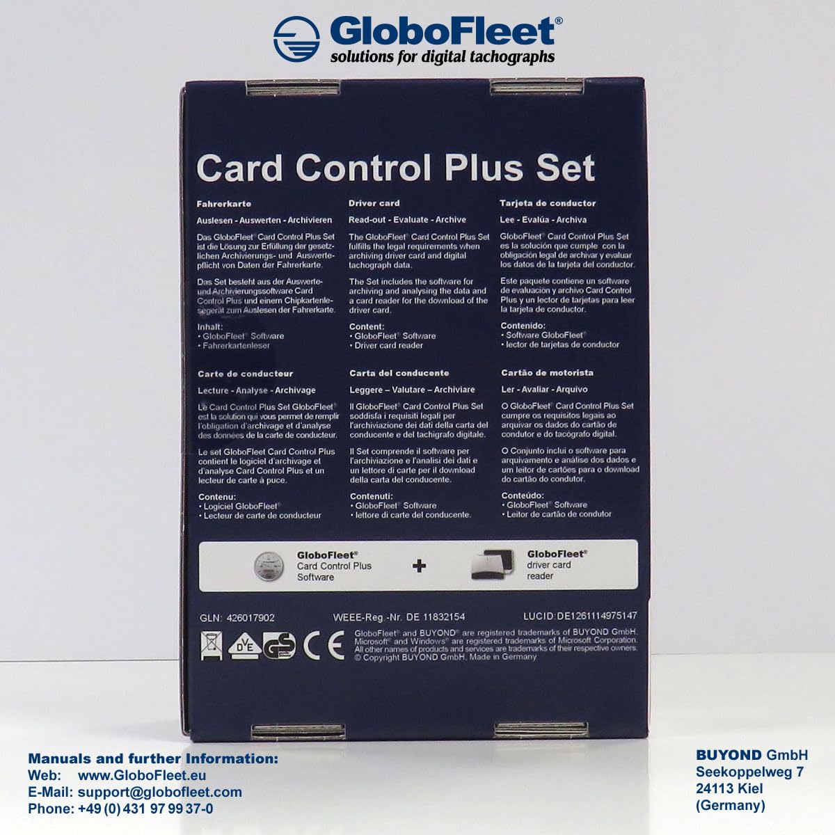 GloboFleet Card Control Plus Mobilset - zum auslesen, auswerten und archivieren der Fahrerkarte mit erweiterter Verstoß Auswertung - DTCO 4.1 kompatibel, USB KEY Version