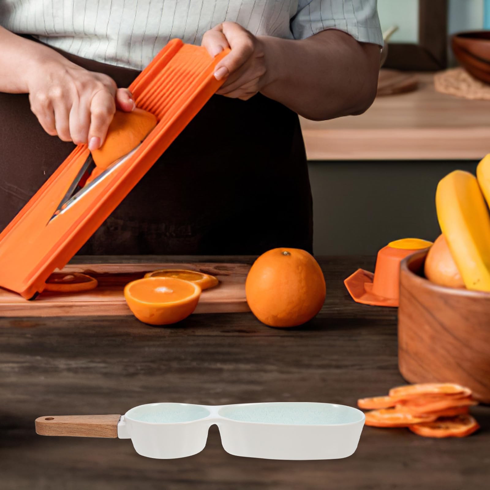 Tazón para Servir Bocadillos de Cerámica con Asa de Madera, Diseño Multi-rejilla, Portátil y Ligero para Restaurante y Tienda de Alimentos