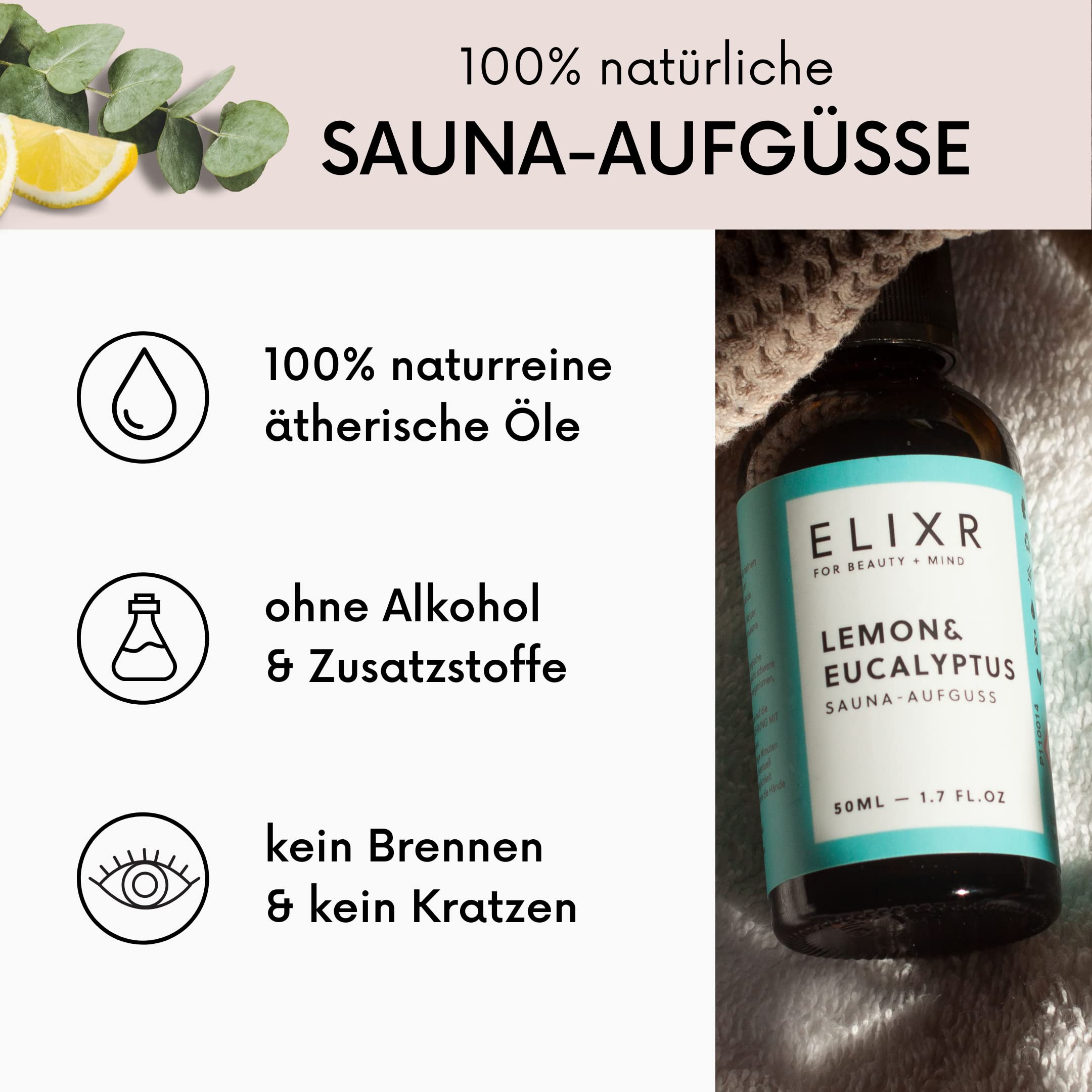 ELIXR – Infusion de sauna citron & eucalyptus – Infusions de sauna pour infusions de sauna – Huile essentielle de sauna 100% pure naturelle avec huile d'eucalyptus et citron – Parfum sauna parfait