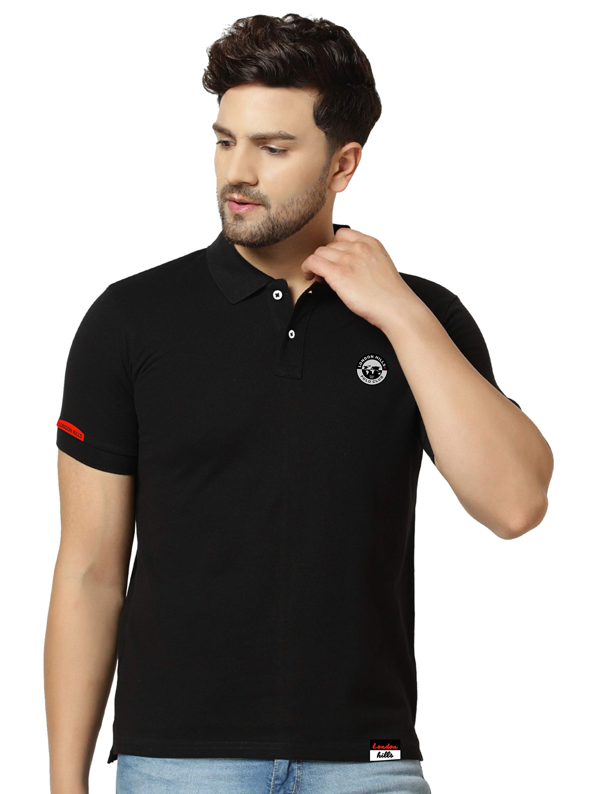 Men's Half Sleeve Cotton Blend Casual Polo Neck Regular Fit Non-Shrinkable Black T-Shirt (with Badge on Chest)-image-2