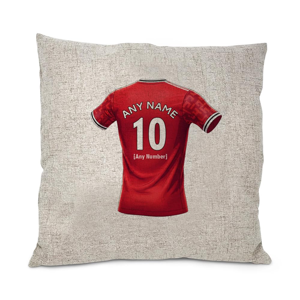 UNIGIFT Personalised Gift - United Fan 40x40 cm Cushion Cover Dark Premium Linen Look (Red Football Jersey Design) ACustom Name Sofa Pillow Case - Manchester