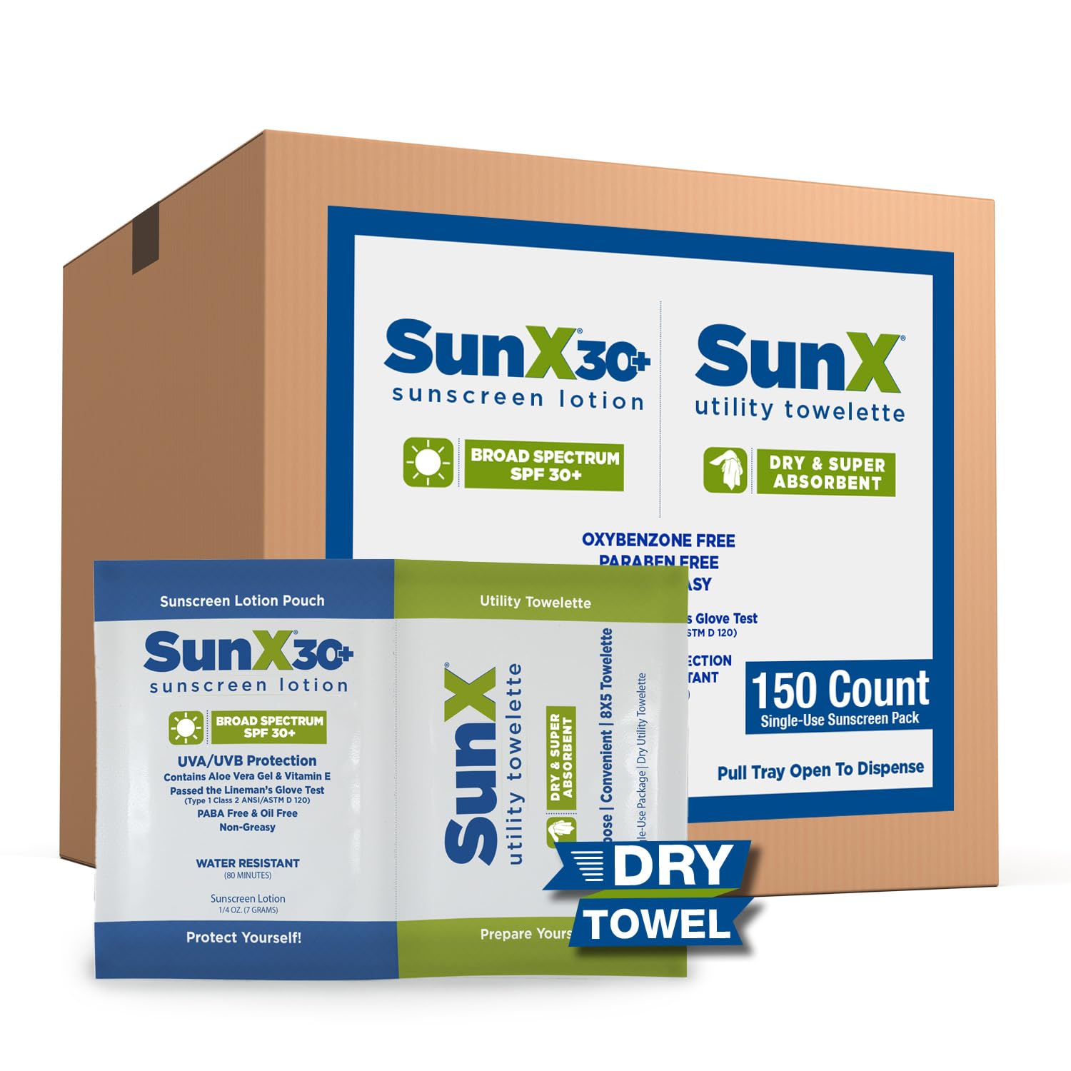 CoreTex Sun X 30 Broad Spectrum Sunscreen Packets Dry Towels Duo Kit - Pack of 150 Paraben Oxybenzone