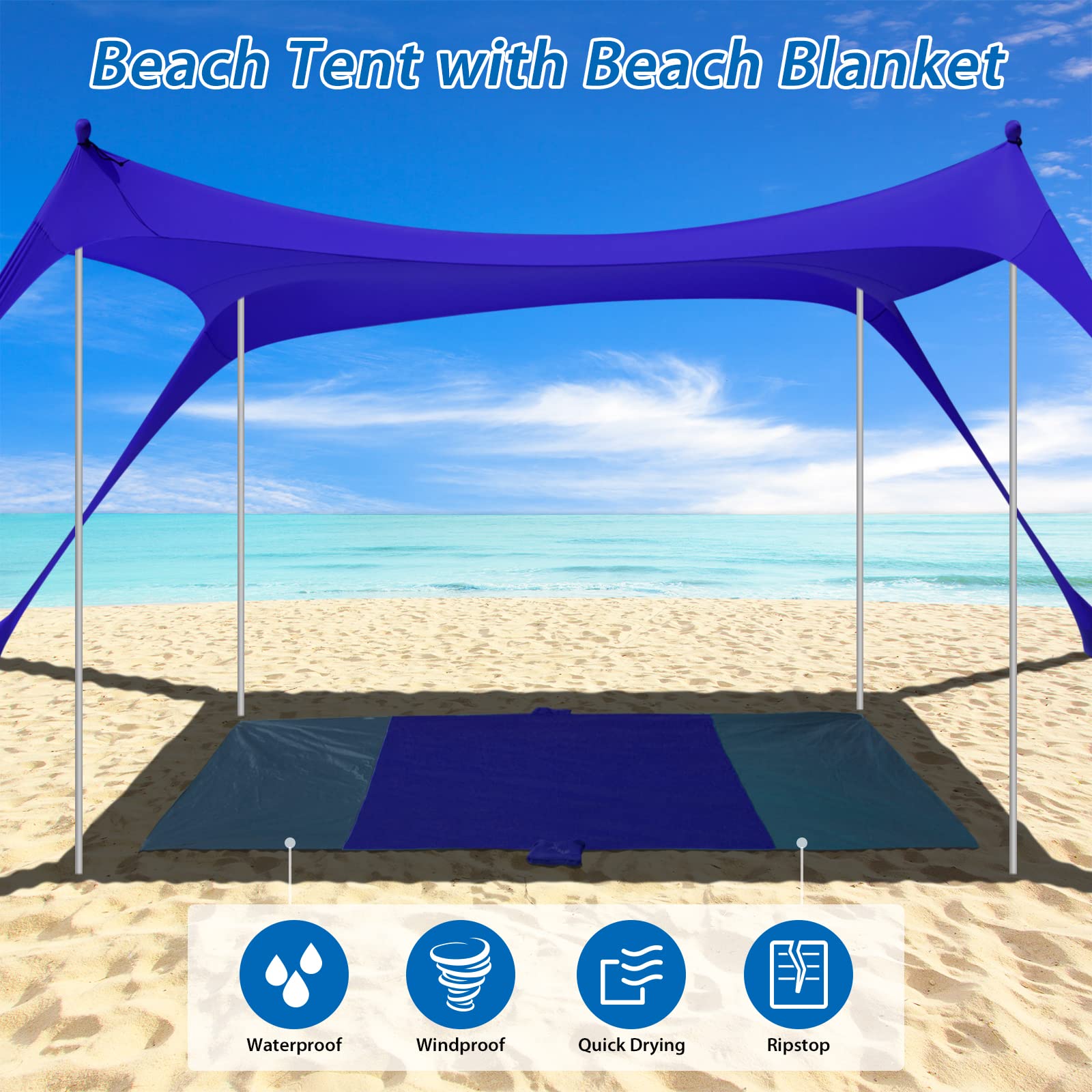 Tente De Plage Clicliet 10x10 UPF50+ – Abri Soleil Avec Sac De Transport, Bleu Ciel