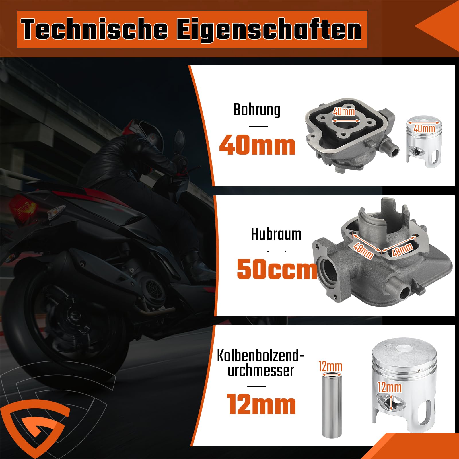 50ccm Zylinder Kit, inkl. 40mm Zylinderbohrung und 12mm Kolbenbolzen, mit Kolbenringe Kolbenclips Dichtsatz, kompatibel mit Peugeot Ludix 2 für Jet Force für Jetforce C-Tech für Ludix 50 LC