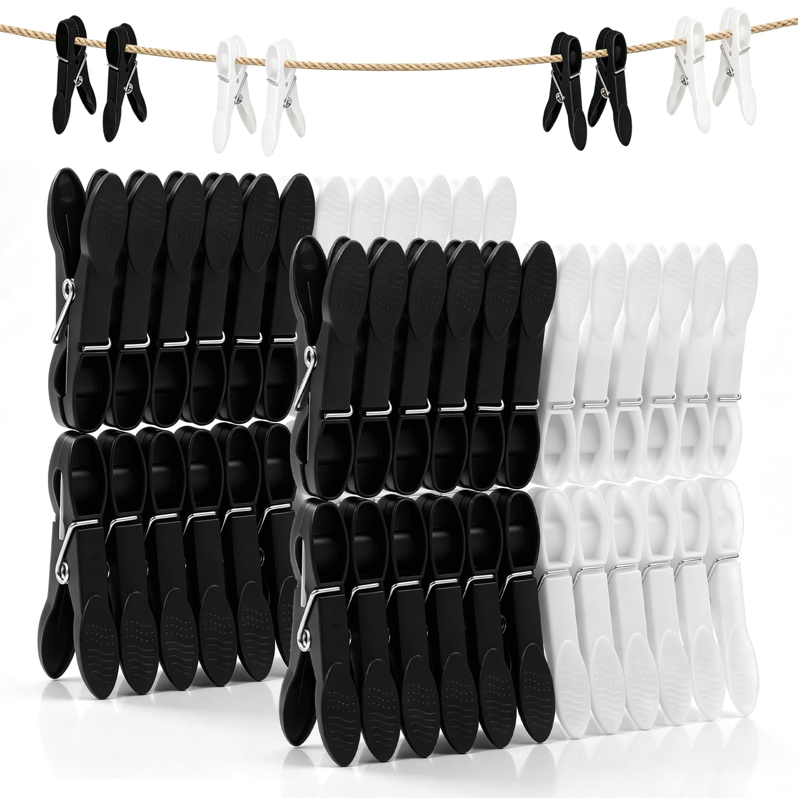 48PCS Clothes Pegs for Washing Line, Strong Grip Plastic Laundry Pegs with Stainless Steel Spring, UV Resistant & Rustproof, Heavy Duty Washing Pegs for Home Garden & Bathroom Outdoor - Black & White
