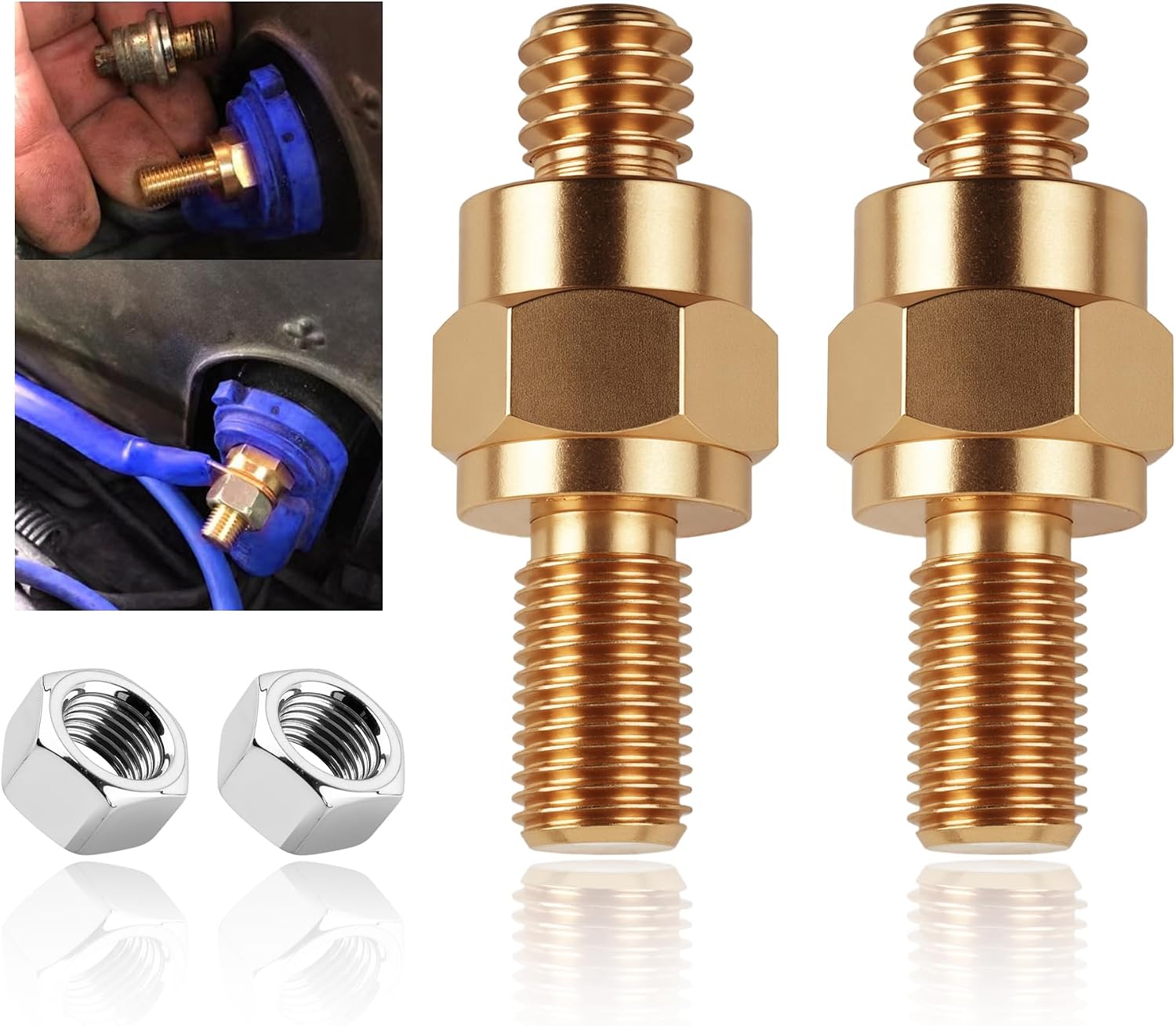 2 Set Side Post Battery Terminal Extension Bolt with Nuts,3/8"-16 Coarse and 3/8"-24 Fine Teeth Side Post Battery Bolts,Batteries Terminal Bolt for Reliable Current Transfer (B-2PCS)