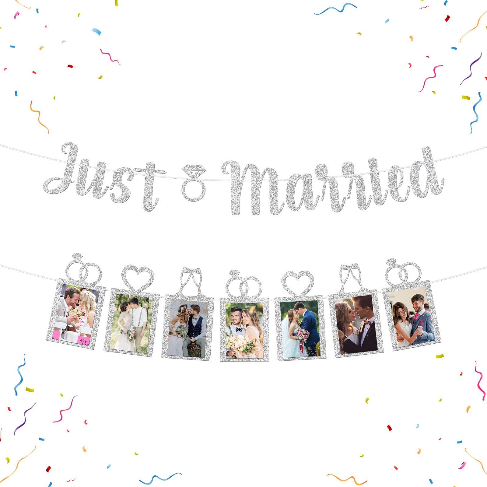 WeBenison Just Married Photo Banner Wedding Decor Banner with Photo Frame Bridal Shower Bunting Decorations Bachelorette Party Picture Banner Silver Glitter