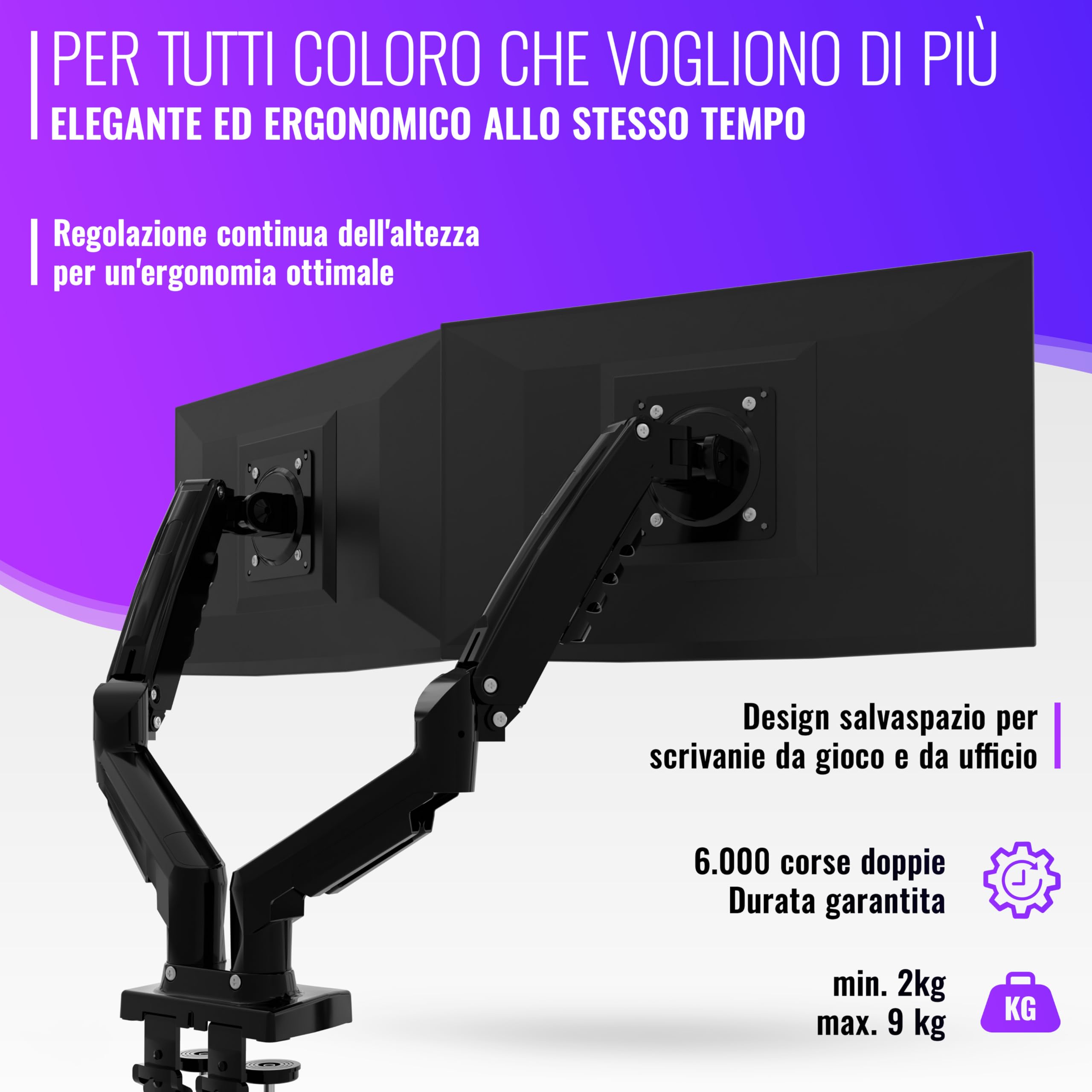 Poppstar Braccio monitor doppio regolabile in altezza per 2 monitor da 17-27 pollici (braccio 360° orientabile, rotabile, inclinabile) Supporto monitor per PC, nero