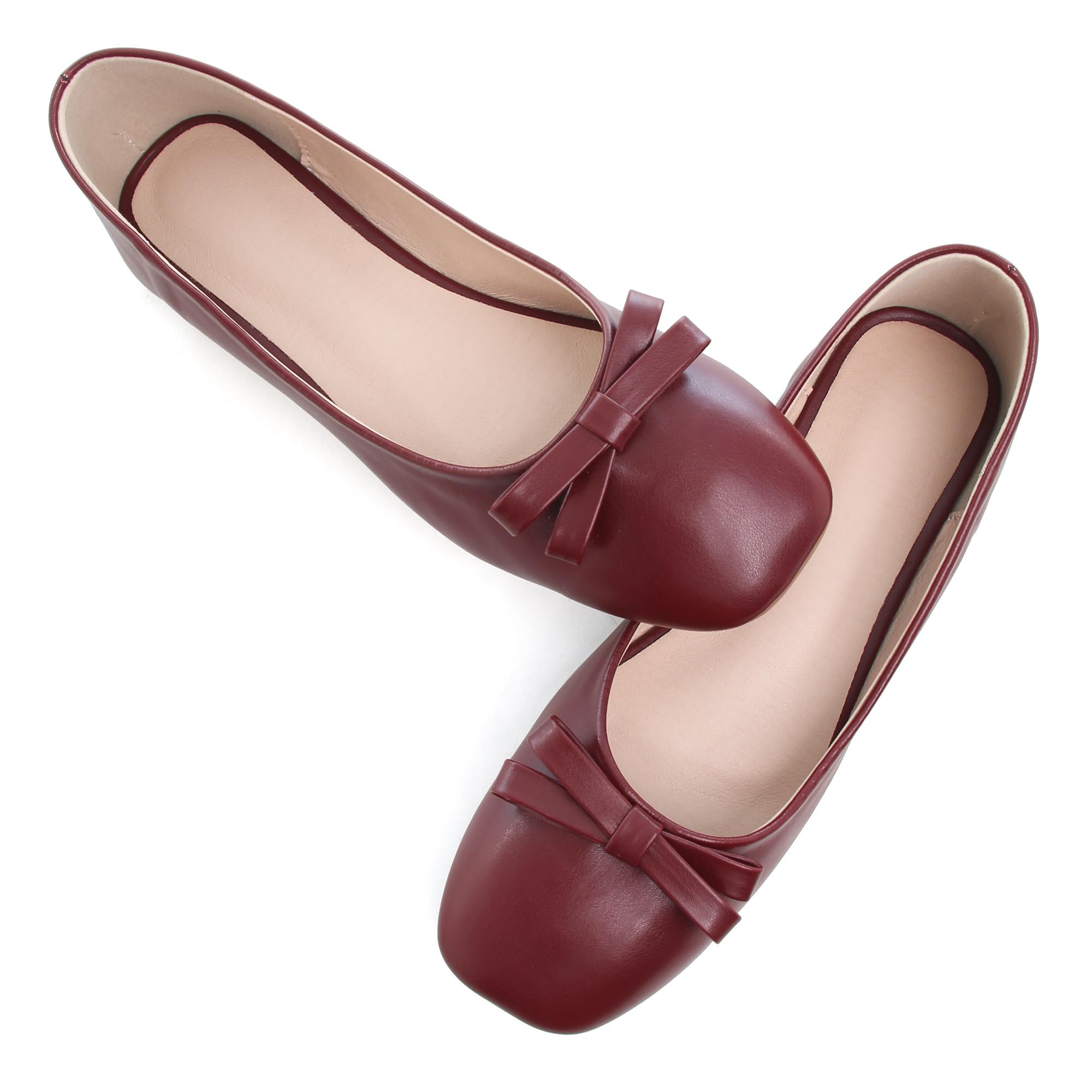 Women's Bow Ballets Flats Slip on Comfortable Flats Solid Color Shoes with Knot Burgundy Patent Leat