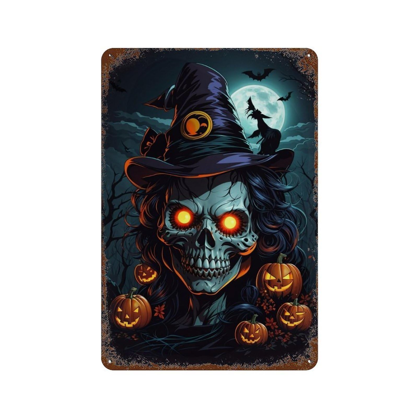 Halloween Witch with Pumpkins-2 11.8"x7.9" Vintage Rust Metal Sign, Decorative Metal Wall Art for Bistro, Counter And Cafe Decor