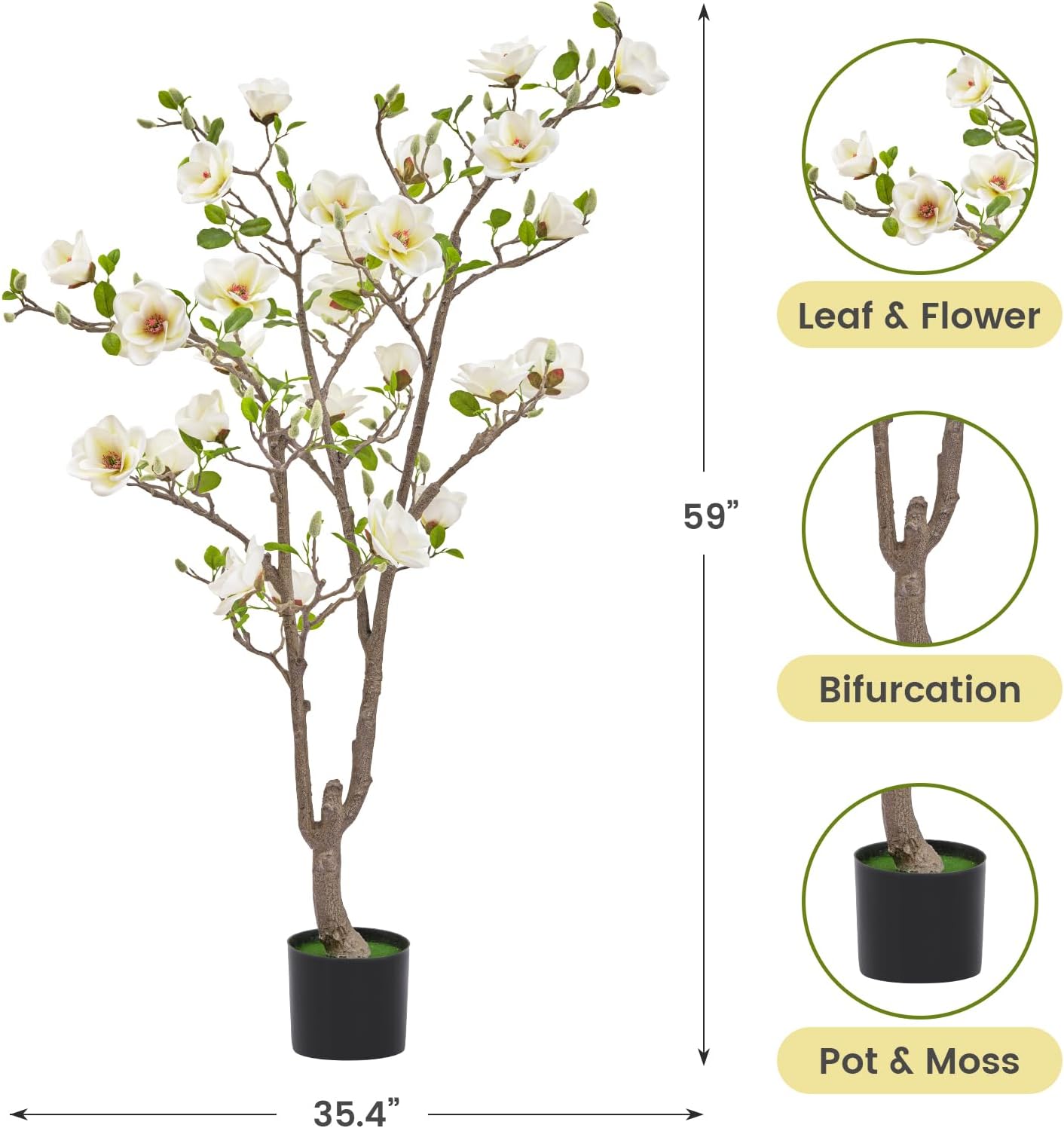 Artificial Magnolia Tree, 4.9 ft Tall Fake Indoor Tree, Faux Magnolia Tree is Realistic Real Touch Leaves and Flowers Perfect for Home Decor, Living Room, Floor and Wedding(White) - Image 2