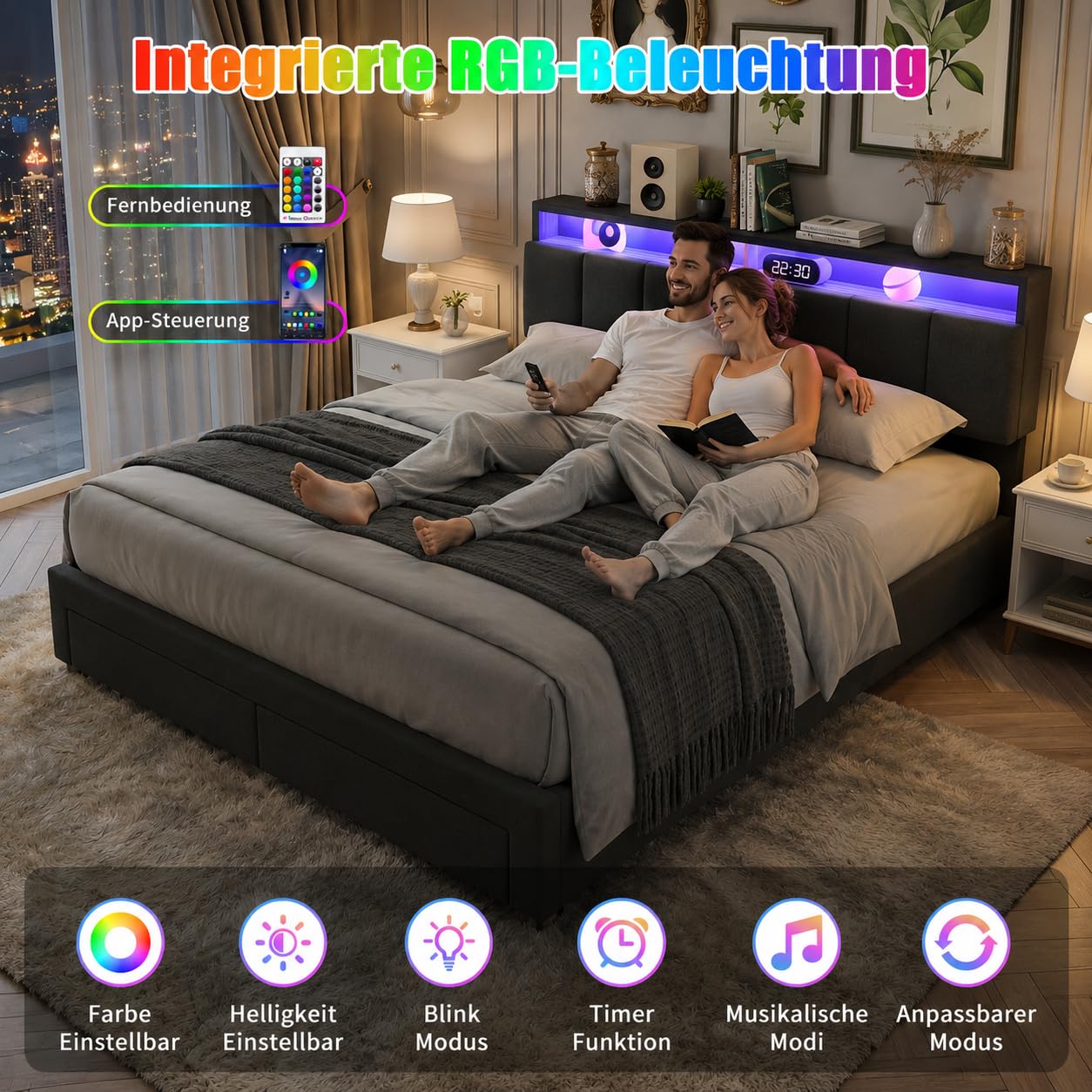 Letto Imbottito Matrimoniale 180x200cm con 2 cassetti, letto matrimoniale con contenitore 180x200 con LED e USB,Letto baule con contenitore idraulico,letto adulti senza Materasso,Lino,Grigio