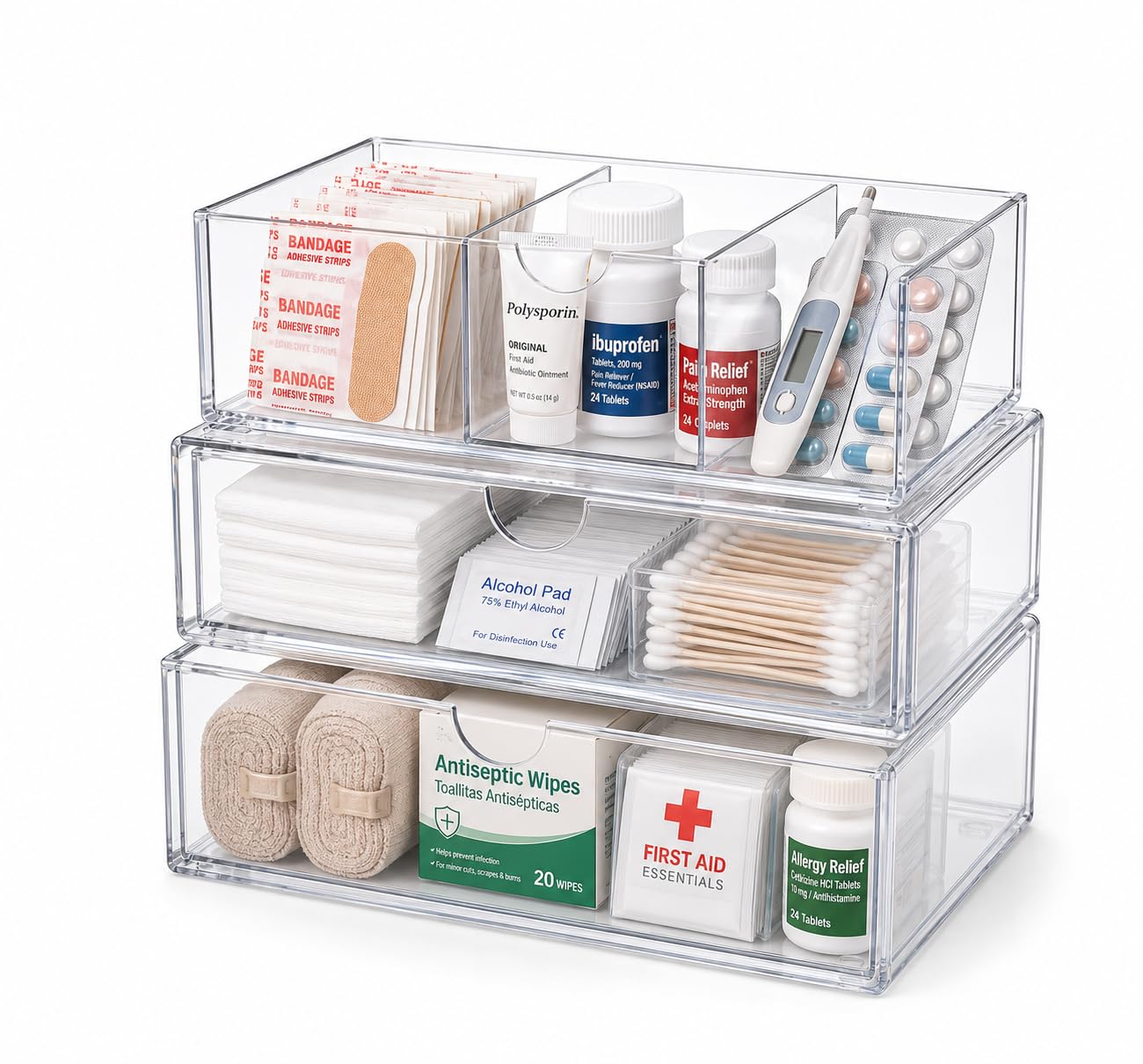 Punorric Medicine Storage Box Set, Medical Box with 2 Drawer Units & 1 Open Tray, Transparent Medicine Cupboard Organiser, Plastic Drawers Storage Unit for Medicine Cabinet, Bathroom, Desk