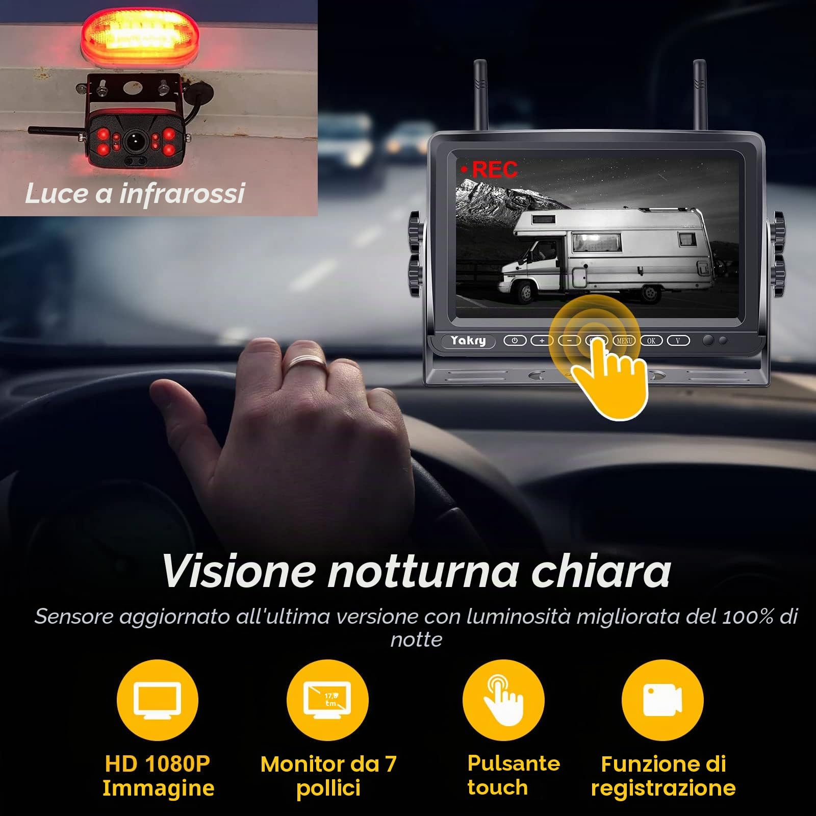 Yakry S33-Y27 - Telecamera di retromarcia wireless FHD 1080P da 17,8 cm con sistema DVR per camper, rimorchi, camion, quinte ruote, barche