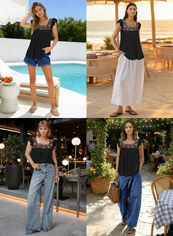 DOROSE Babydoll Tops for Women Tank Top Summer Ruffle Sleeve Peasant Embroidered Tshirts Black XL by DOROSE - Used condition - Image 2