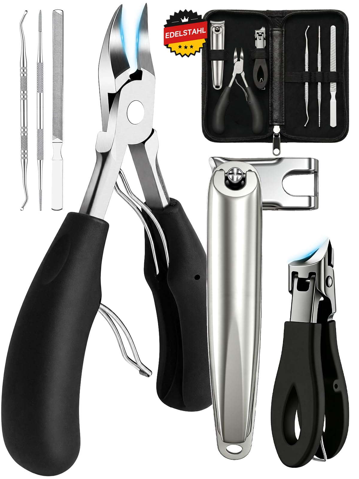 Toe Nail Clippers for Thick Nails for Seniors, Ingrown Toenail Removal Kit, Trim Hard Deformed Ingrown Nails, 6pc Ergonomic Heavy Duty Pedicure Tool Set with Leather Case Bathroom Daily Use, Metallic