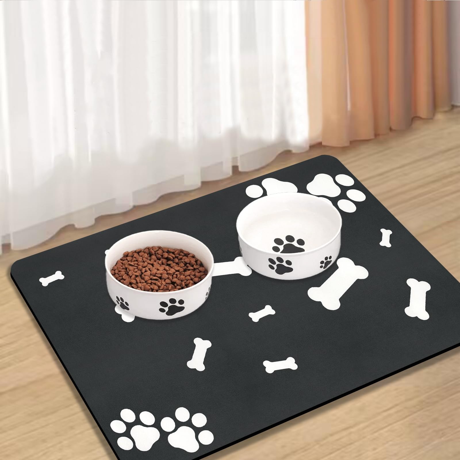 Lurowo Pet Feeding Mat Super Absorbent Dog Cat Food Mat with Rubber Non Slip Bottom Quick Dry Washable Dog Bowl Mat for Floors (Bone Paw Pattern-Dark Grey, 30 * 50cm)