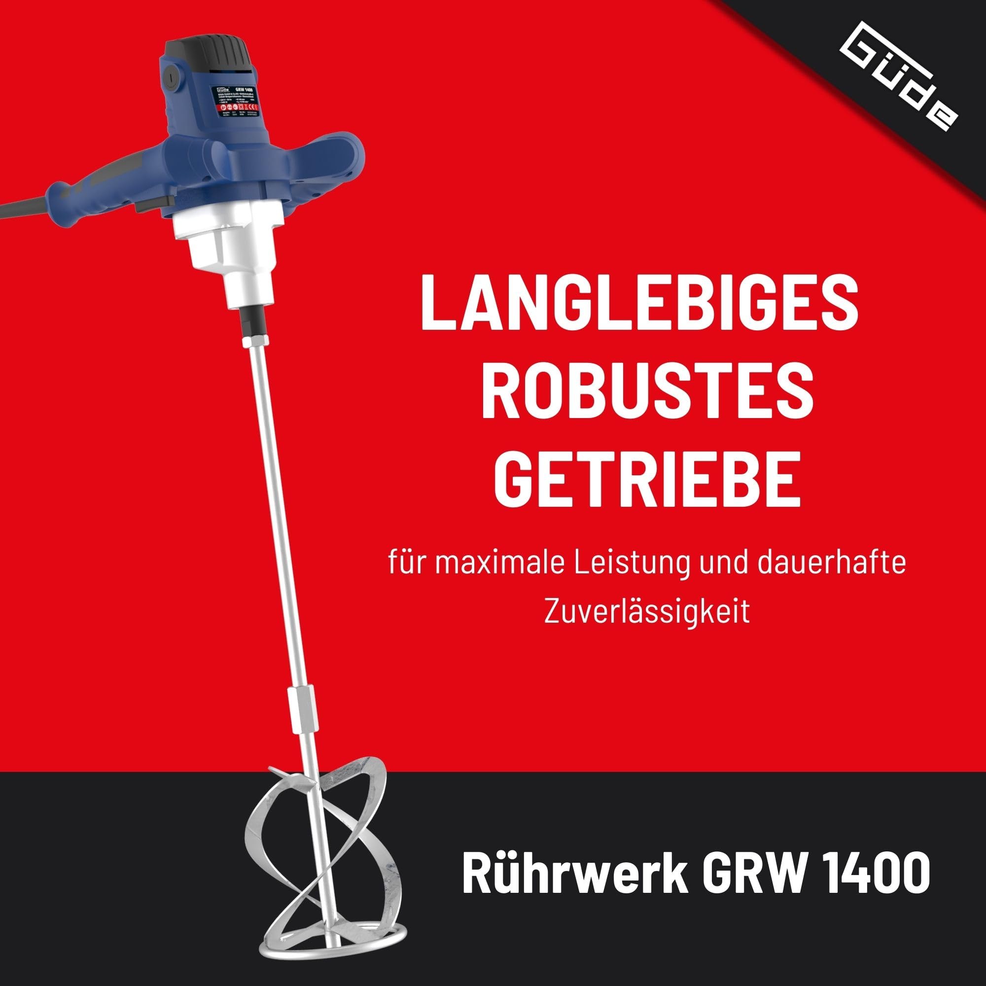 Güde GRW 1400 Roermechanisme, 1400 W, traploze elektronische toerentalregeling in het handvat 0-760 1/min, metalen aandrijving, ergonomisch, roeropname M14, roerder ø 140 mm voor poedervormige