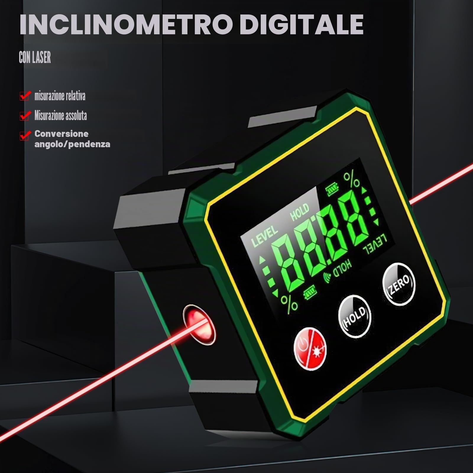 2 in 1 Digital Angle Finder Magnetico Laser Elettronico Misuratore di Angolo Magnetico Ricaricabile 4 Lati Inclinometro Trasportatore Retroilluminato LCD