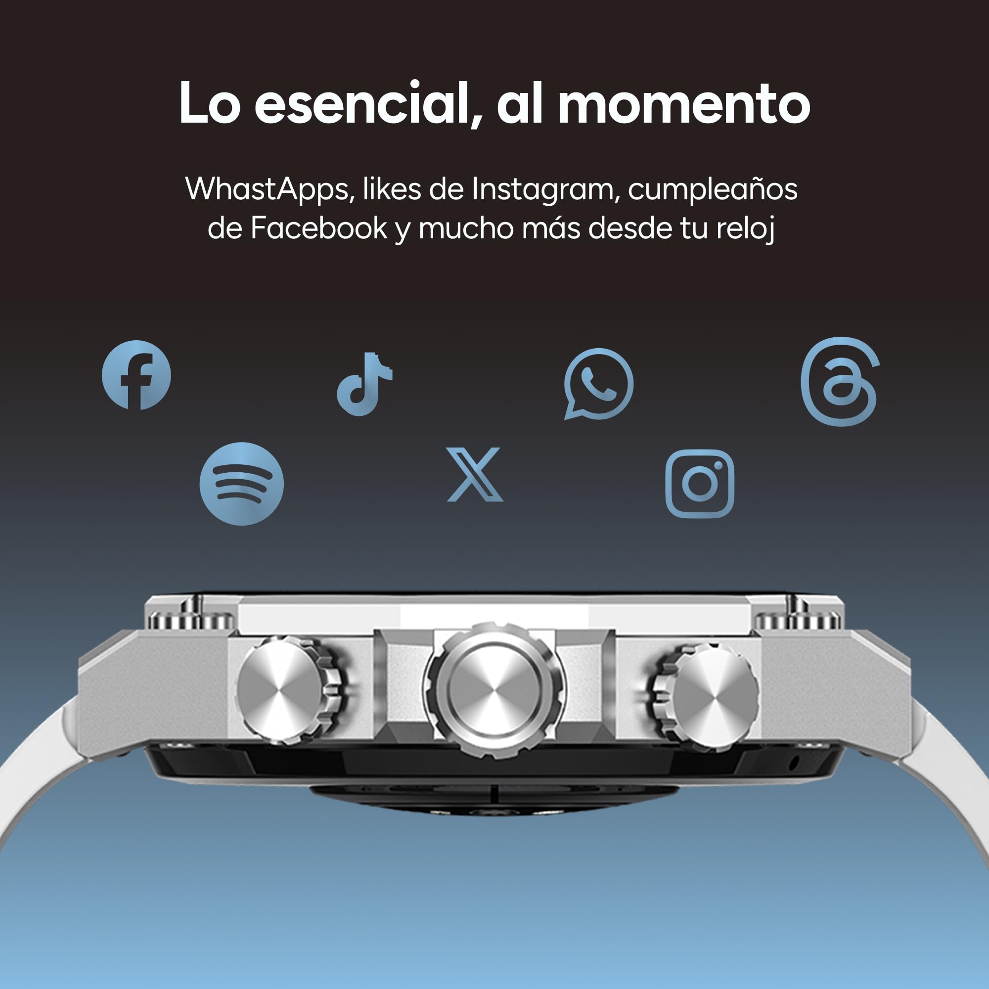 KSIX Smartwatch Titanium Go - Reloj Inteligente Hombre Pantalla AMOLED 1.43", Diseño Cronógrafo, Llamadas, IP67, Compatible con iPhone® y Android®, 2 Correas Acero Plateada y Silicona Azul