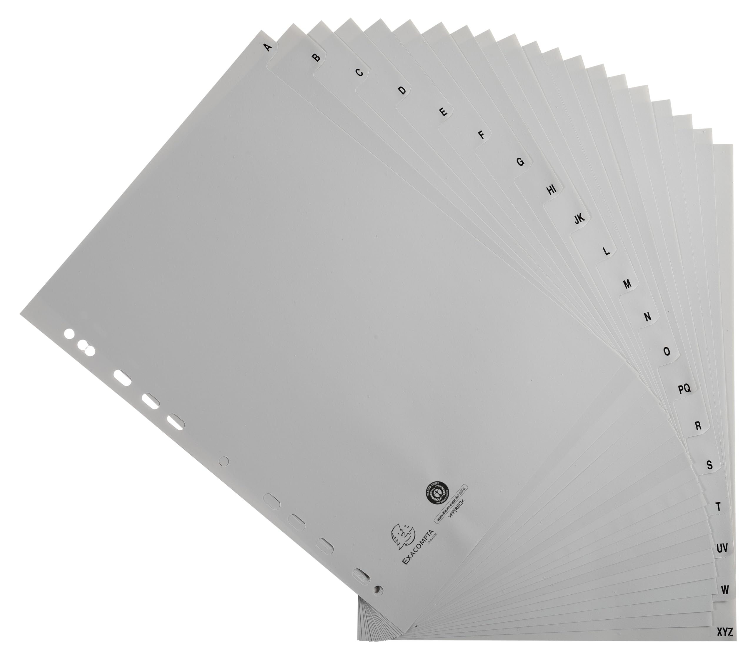 Exacompta - Réf. 1720E - Carton de 20 Intercalaires gris en polypropylène recyclé avec 20 onglets imprimés alphabétiques de A à Z - Format à classer A4 - Dim 22,5 x 29,7 cm - certifiés Ange Bleu