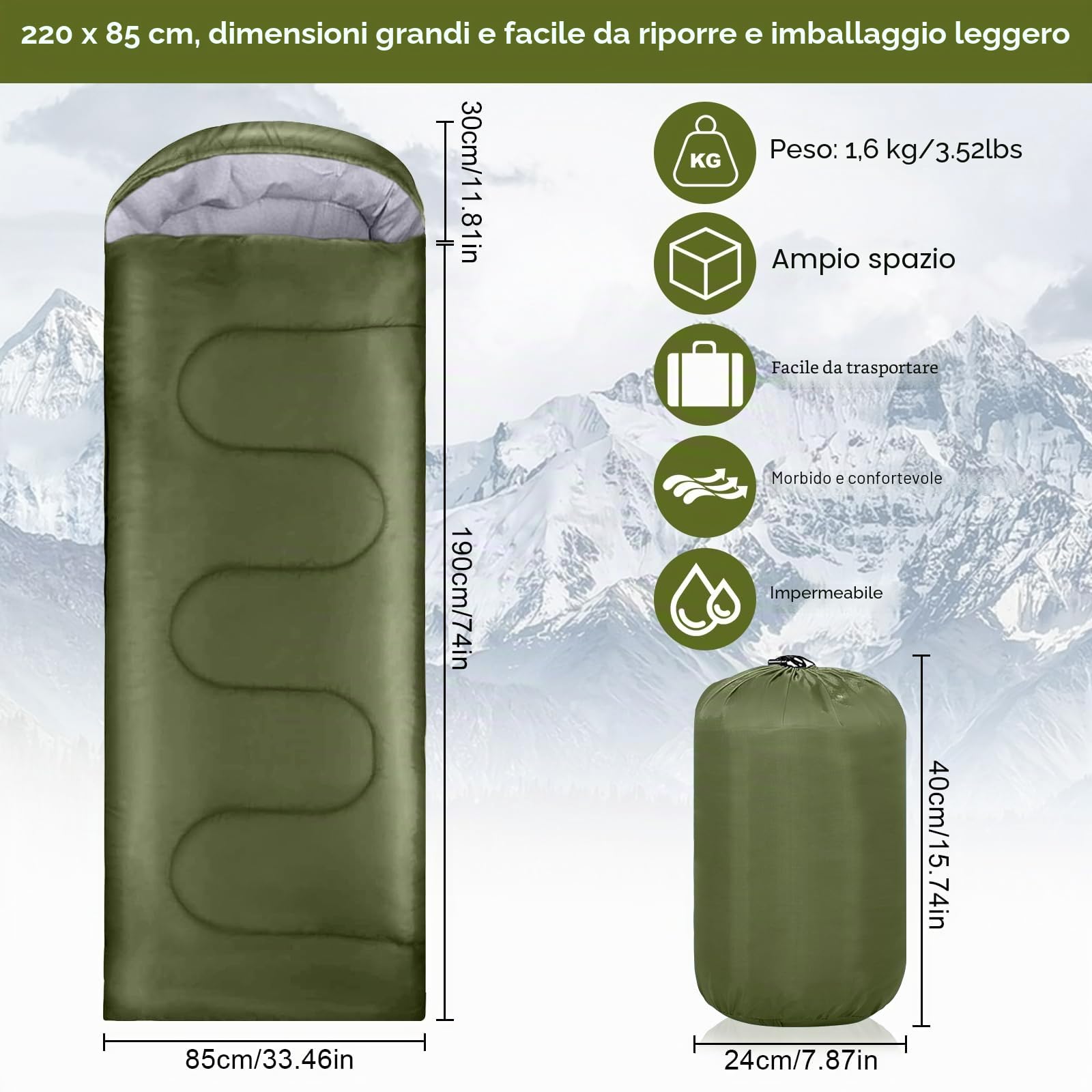 Sacco a Pelo Portatile Verde 1.6kg, 220x85cm Sacco a Pelo 3 Stagioni Impermeabile con Sacco a Compressione, Portatile e Leggero, Adatto per Uso Interno ed Esterno