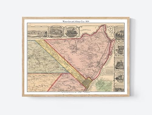 Póster de mapa histórico de Albany Watervleit 1854 New York Shakers Tivoli Hollow Boght Albany Co. TM 11x17, 12x18, 16x24, 24x36, arte de pared