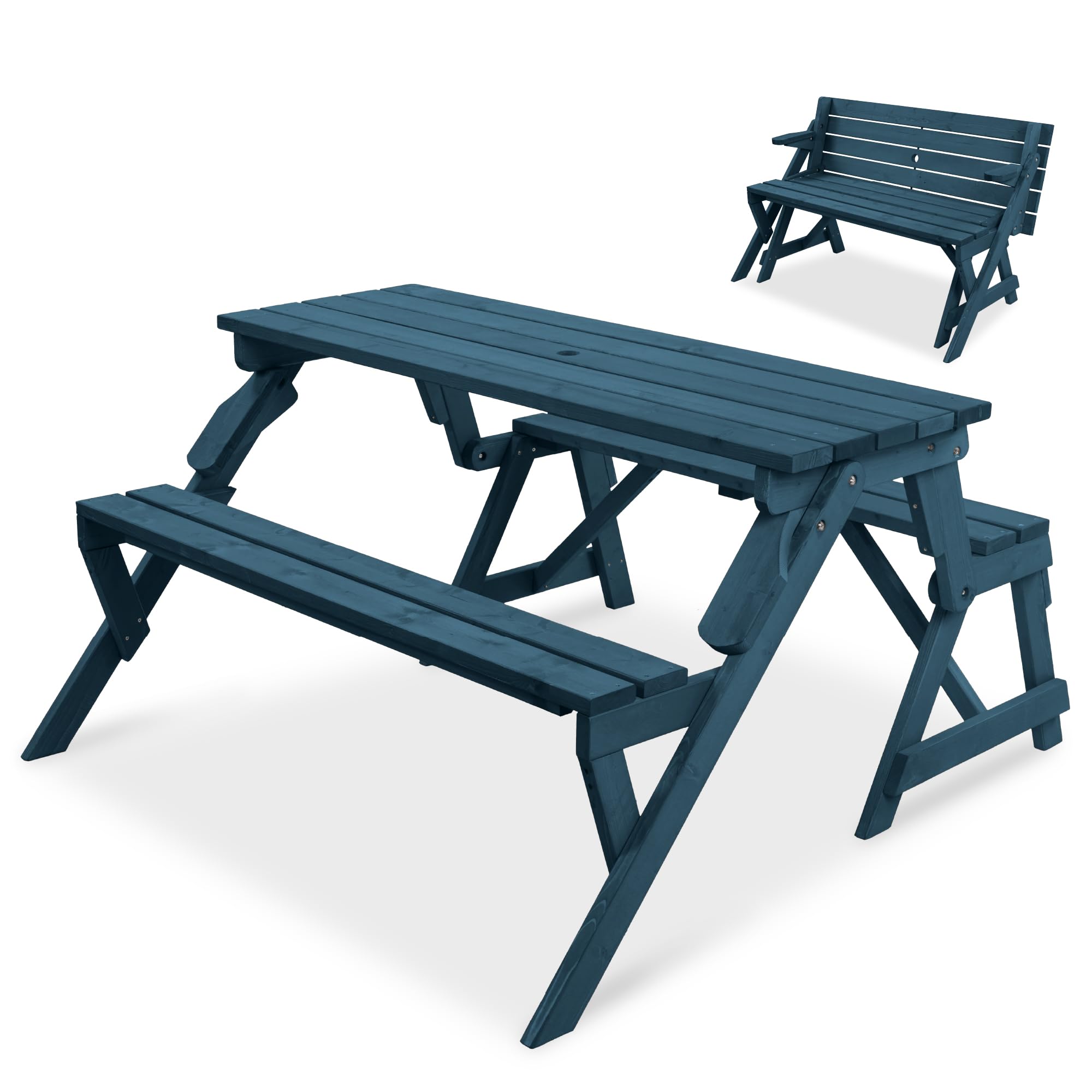 Best Choice Products 2-in-1 Transforming Interchangeable Outdoor Wooden Picnic Table Garden Bench for Backyard, Porch, Patio, Deck w/Umbrella Hole - Harbor Blue
