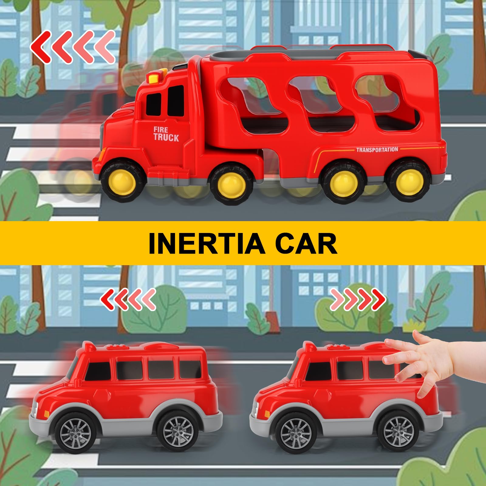 Camion Bomberos Juguete,7 en 1 Camiones de Juguete para Niños de 2-6 Años,Camion Transportador de Coches con Luces y Sonidos,Coche de Juguete de Fricción con 2 Pegatinas,Regalo para Niños
