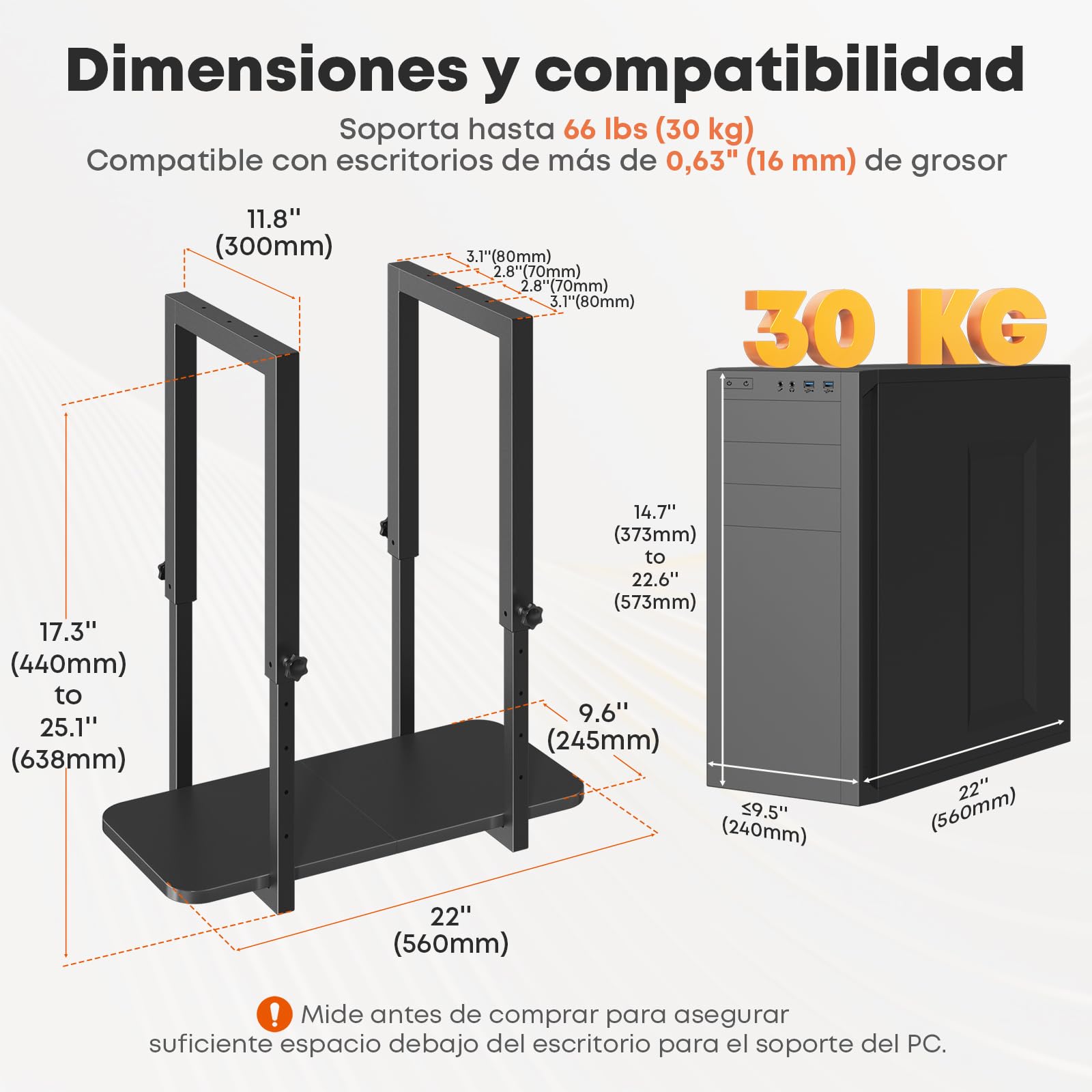 Soporte PC bajo escritorio, resistente y ajustable en altura – Soporte para torre de PC, ahorro de espacio, carga máxima 30 kg, Negro