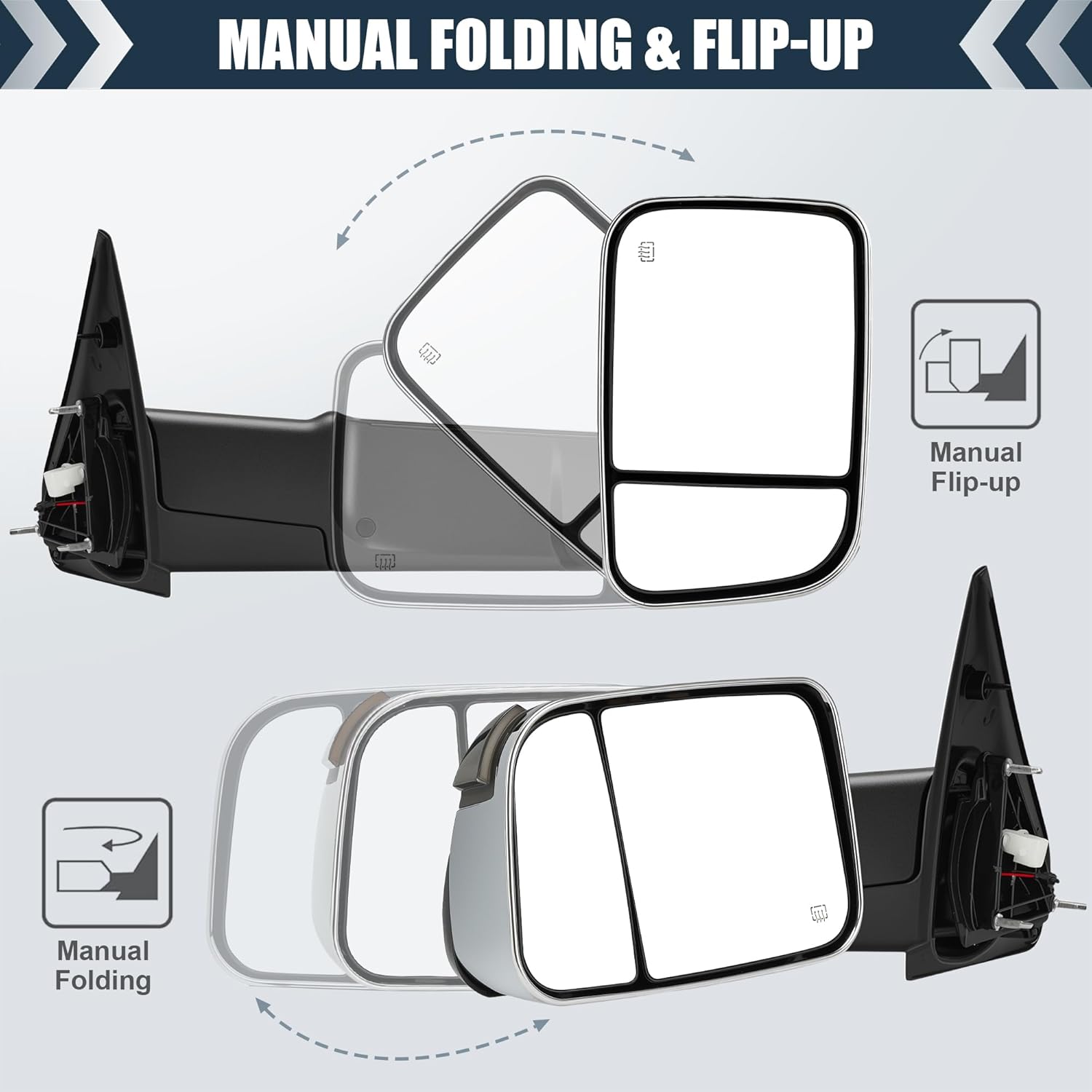 Tow Mirrors Compatible with 2002-2008 Dodge Ram 1500, 2003-2009 2500 3500, Smoked LED Turn Signal, Flip Up Extended Trailer Towing Side Mirrors, Power Heated Adjustable, Chrome Housing