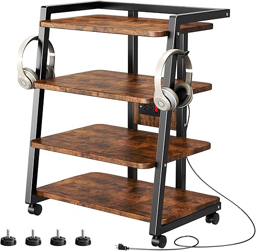 Soporte móvil para medios AV con tomas de corriente y 4 ruedas giratorias, soporte de TV de 4 niveles para consola de juegos, estéreo, reproductor