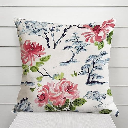Miniatura 4 de MangGou Chinoiserie - Funda de almohada de 18 x 18 pulgadas, diseño de bonsái asiático, diseño floral, color rosa y azul marino
