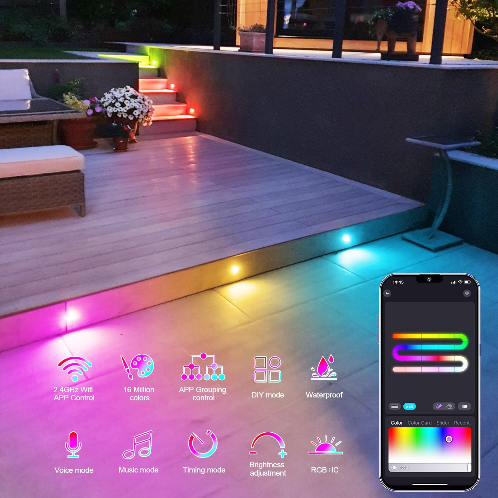 Juego completo de 40 luces LED RGB para empotrar en el suelo, para exteriores, con Bluetooth, 0,6 W, diámetro de 30 mm, IP67, resistentes al agua, para terraza, cocina, jardín