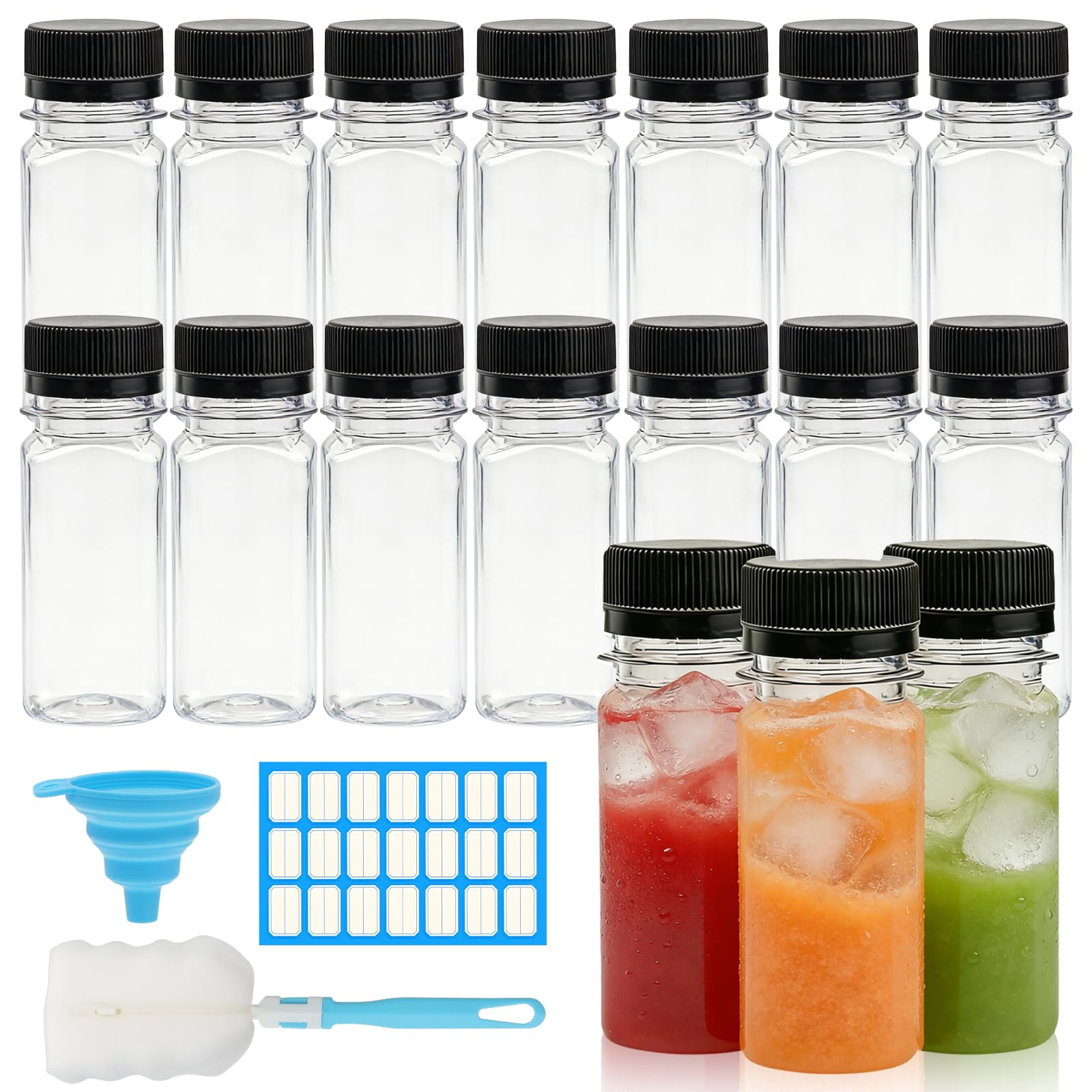 KASURE 14 pcs 2oz/60ml Plastic Juice Bottles, Empty Ginger Shot Bottles with Lids, Reusable Mini Clear Shot Bottles with Label, Funnel and Brush for Drinks Smoothies Juices Milk
