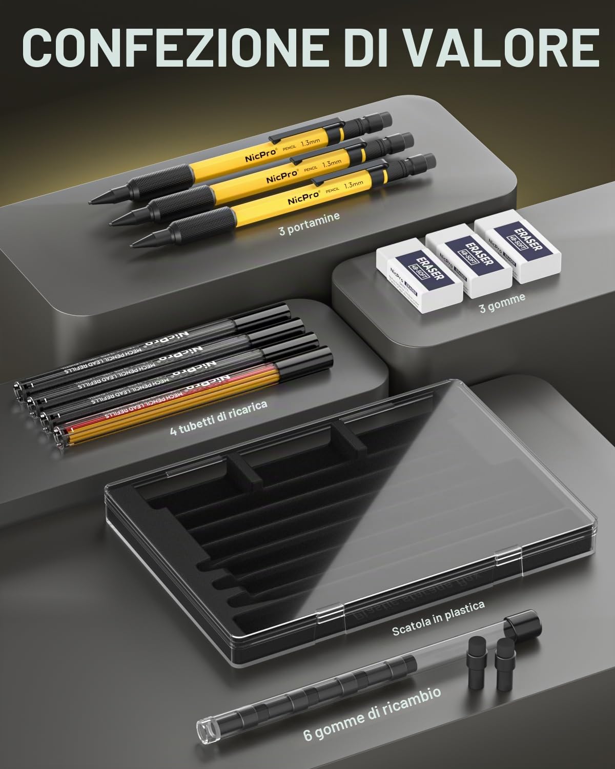 Nicpro 3 Pezzi Matite per Falegname, Portamine 1,3 mm con 36 Mina, 3 Gomme, Fusto Metallo Resistente Alle Intemperie, Meccaniche Carpentiere Resistente per Marcature Esterne Lavorazione del Legno