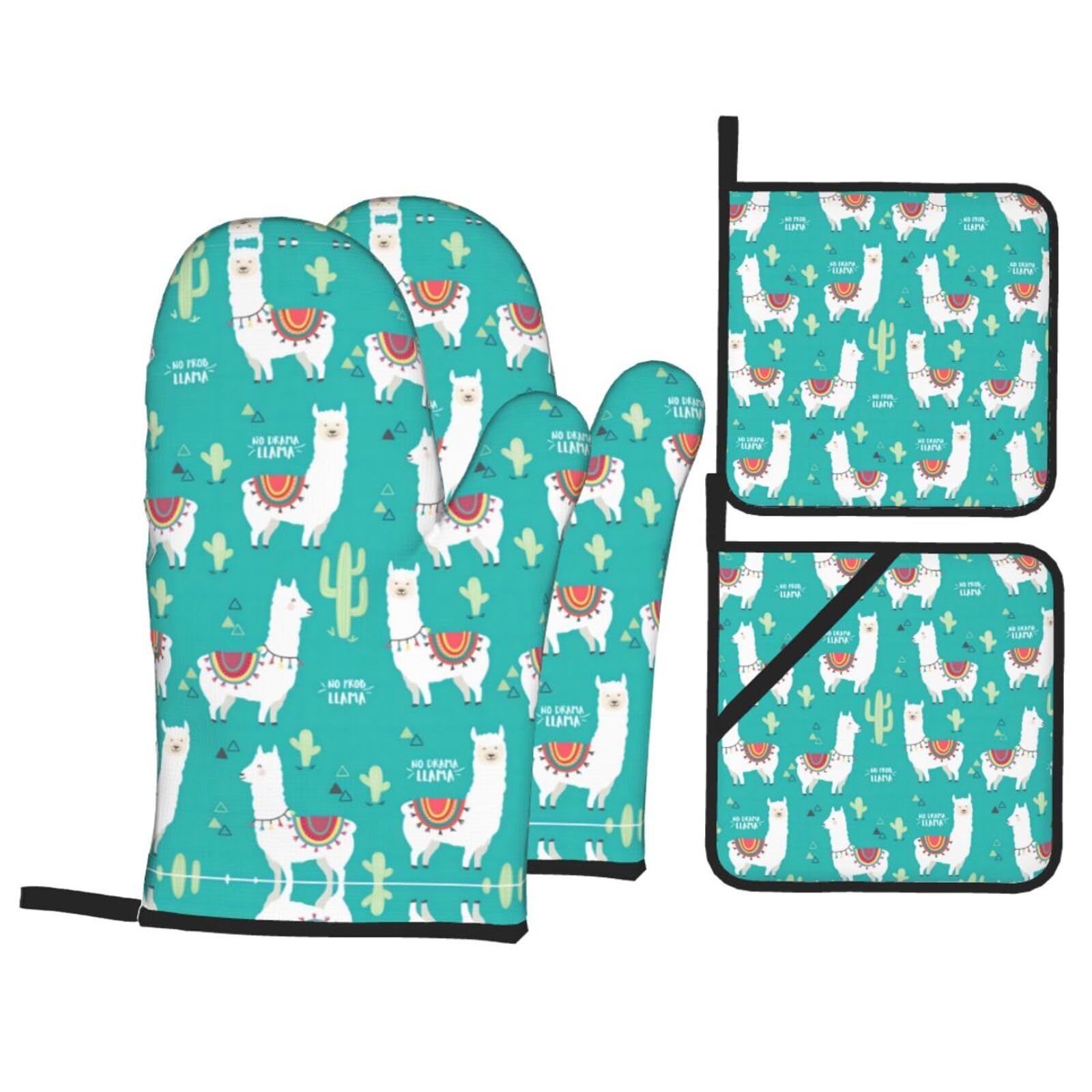 Alpaca Cactus Print Stylish 4-Piece Microwaving Oven Waterproof Kitchen Gloves Baking Holiday Cooking