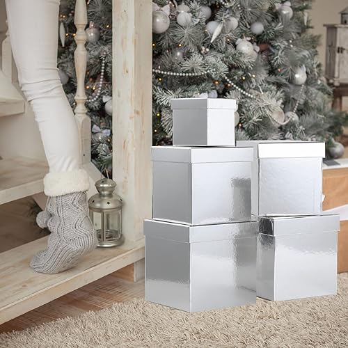 Miniatura 8 de UNIQOOO Juego de 5 cajas de regalo de Navidad de plata metálica con tapa, tamaño surtido, caja de regalo de tarjeta de recuerdo de boda, caja de
