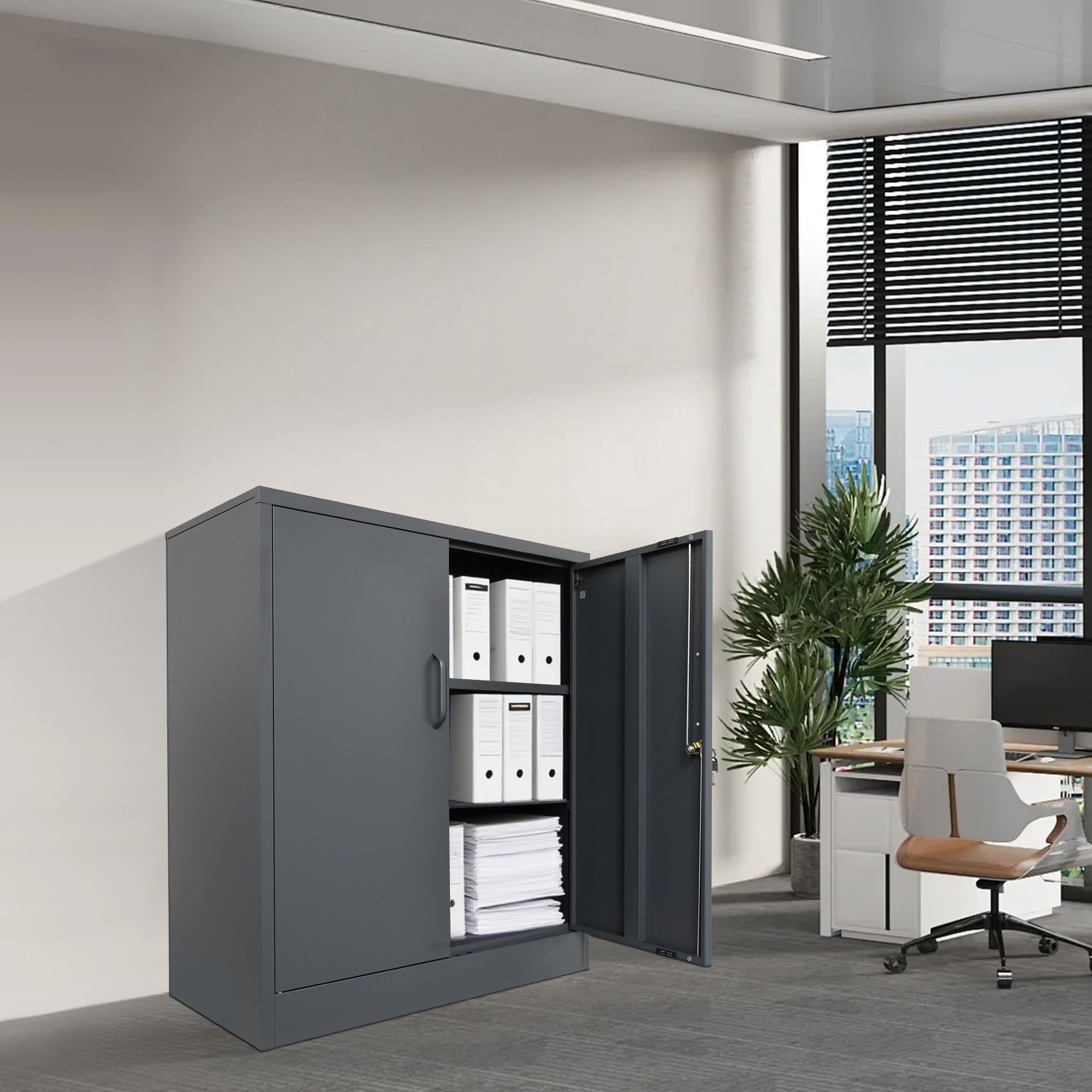 ONDIS24 Aktenschrank, Mehrzweckschrank, Schloss, verstellbare Ablagen, Stabil, belastbar, Doppeltüren mit Türmagnet, Griffen Robust und sicher, werkzeugschrank, Büro, Werkstatt, Garage (Anthrazit, 90)