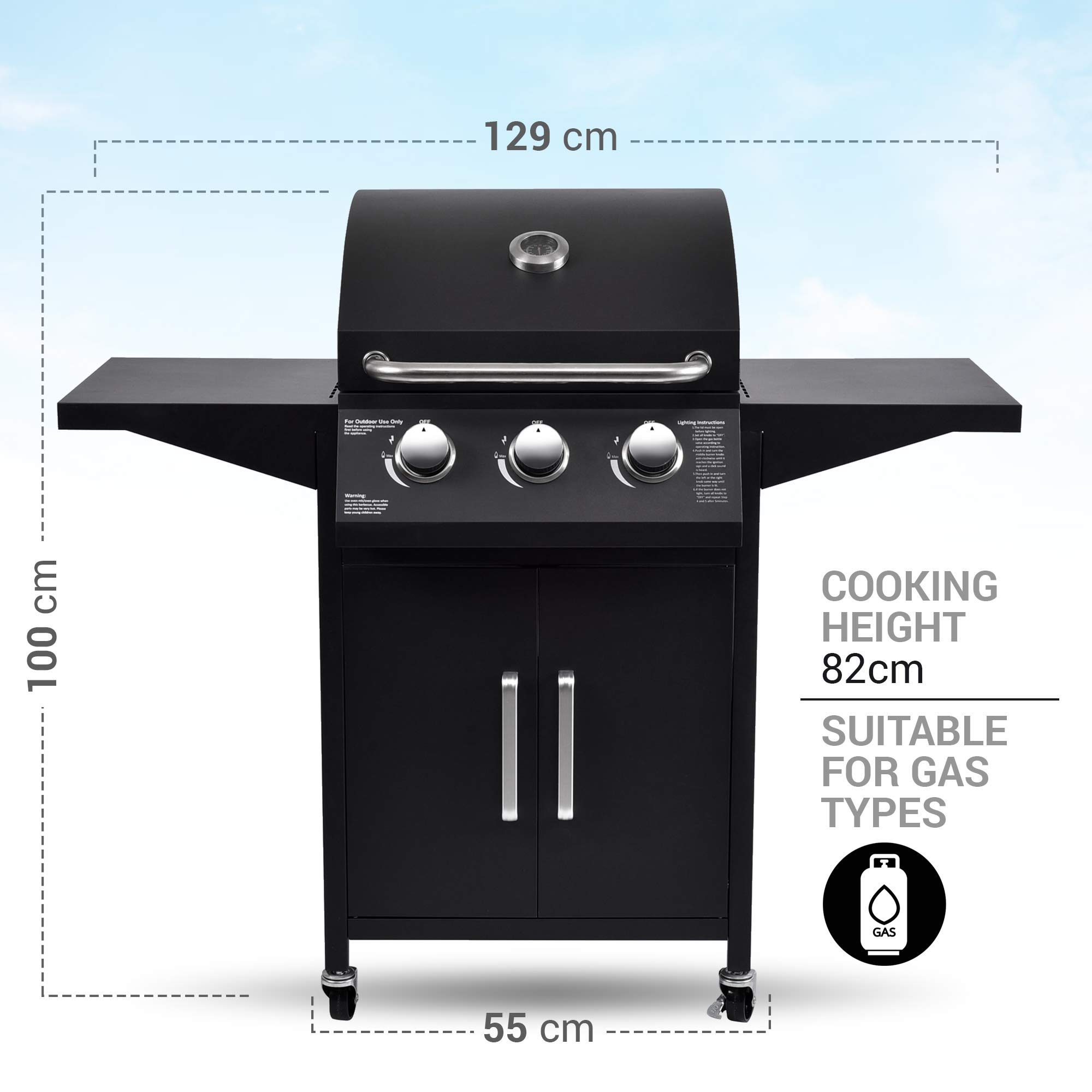 MaxxGarden Gril à gaz à 3 Brûleurs avec Accessoires de Gril, Gril d'Extérieur avec Brûleur à Gaz, 129 x 100 x 55 cm, Noir