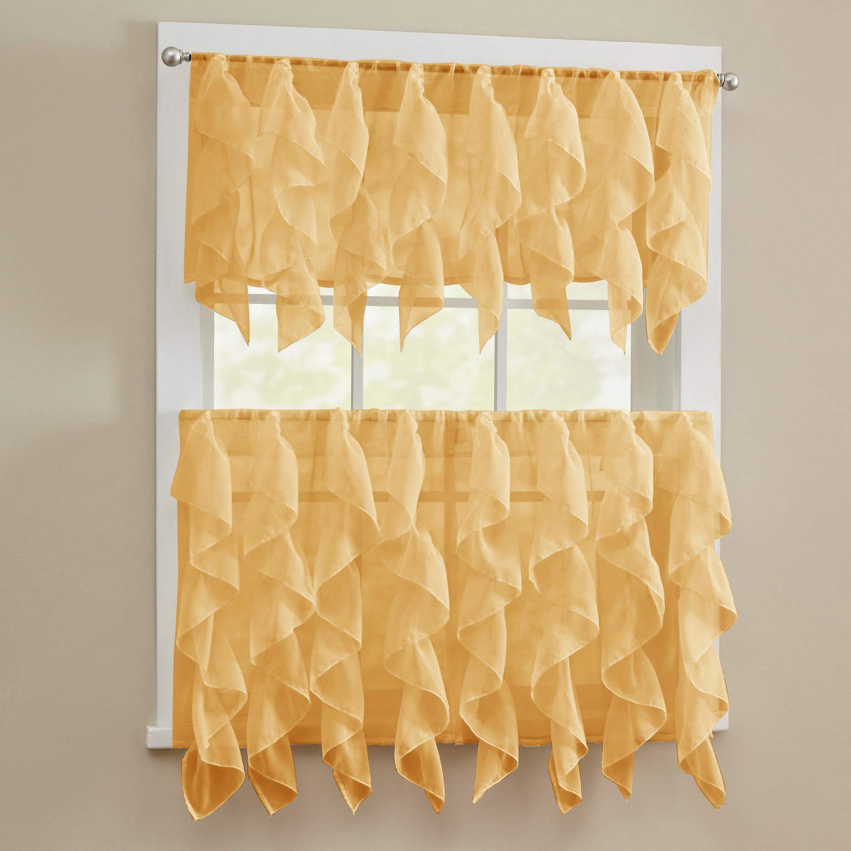 Sweet Home Collection 3 Piece Kitchen Curtain Set Sheet Vertical Cascading Waterfall Ruffle Includes Valance &amp; Choice of 24" or 36" Teir Pair, Tier, Sheer Camel