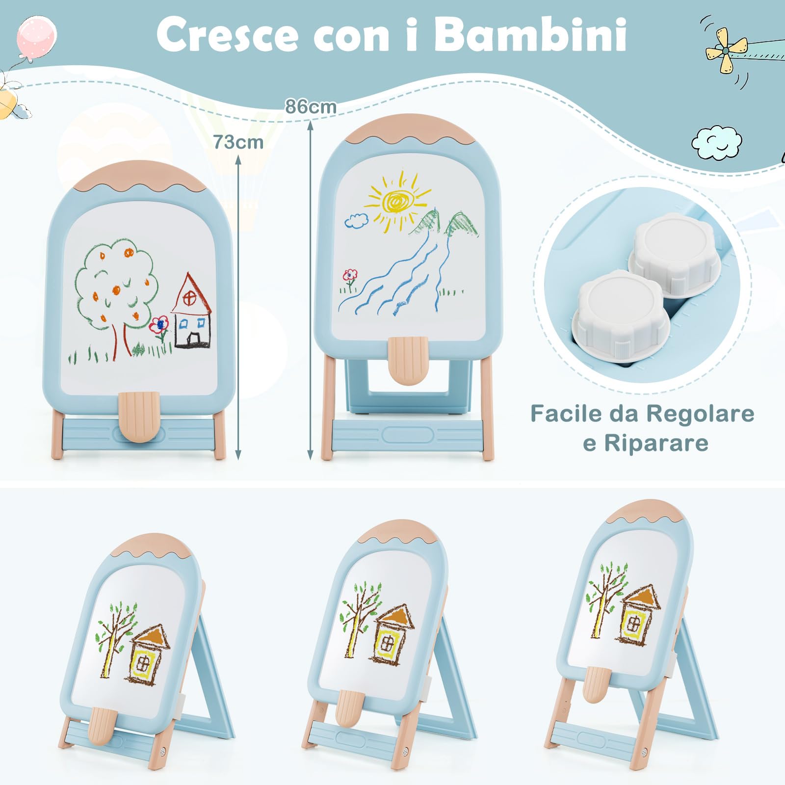 RELAX4LIFE Lavagnetta Cancellabile Bambini Pieghevole con Sedia, Altezza Regolabile, Cavalletto con Lavagna Bianca, Scatola Portaoggetti, Gomma e Pennarelli, Set da Disegno per Bambini 1+ Anni (Blu)