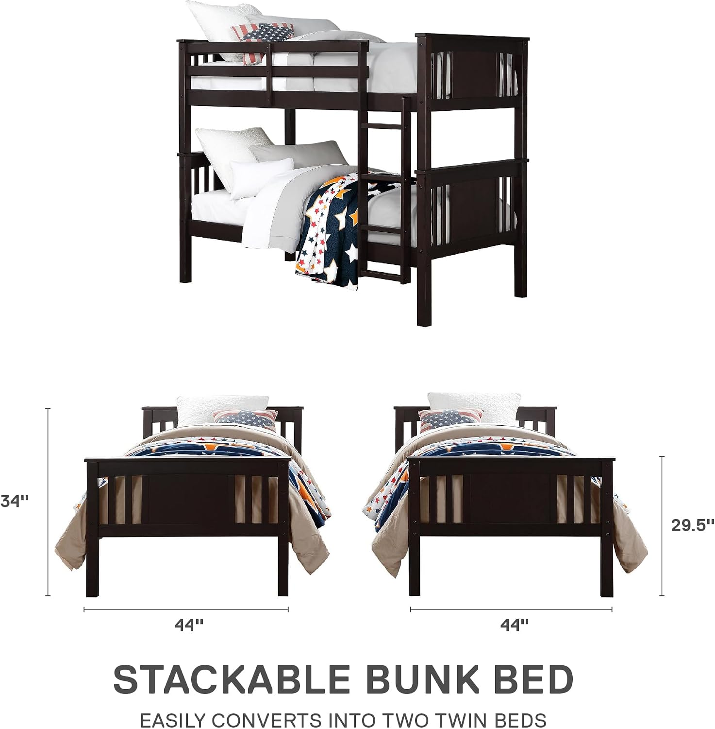 Pemberly Row Transitional Twin Wood Bunk Bed, Espresso Finish, Converts to Two Twin Beds, 63.13” H x 79.25” W x 43.88” D, Safety Guard Rails, 4-Step Ladder, Kids Room Furniture