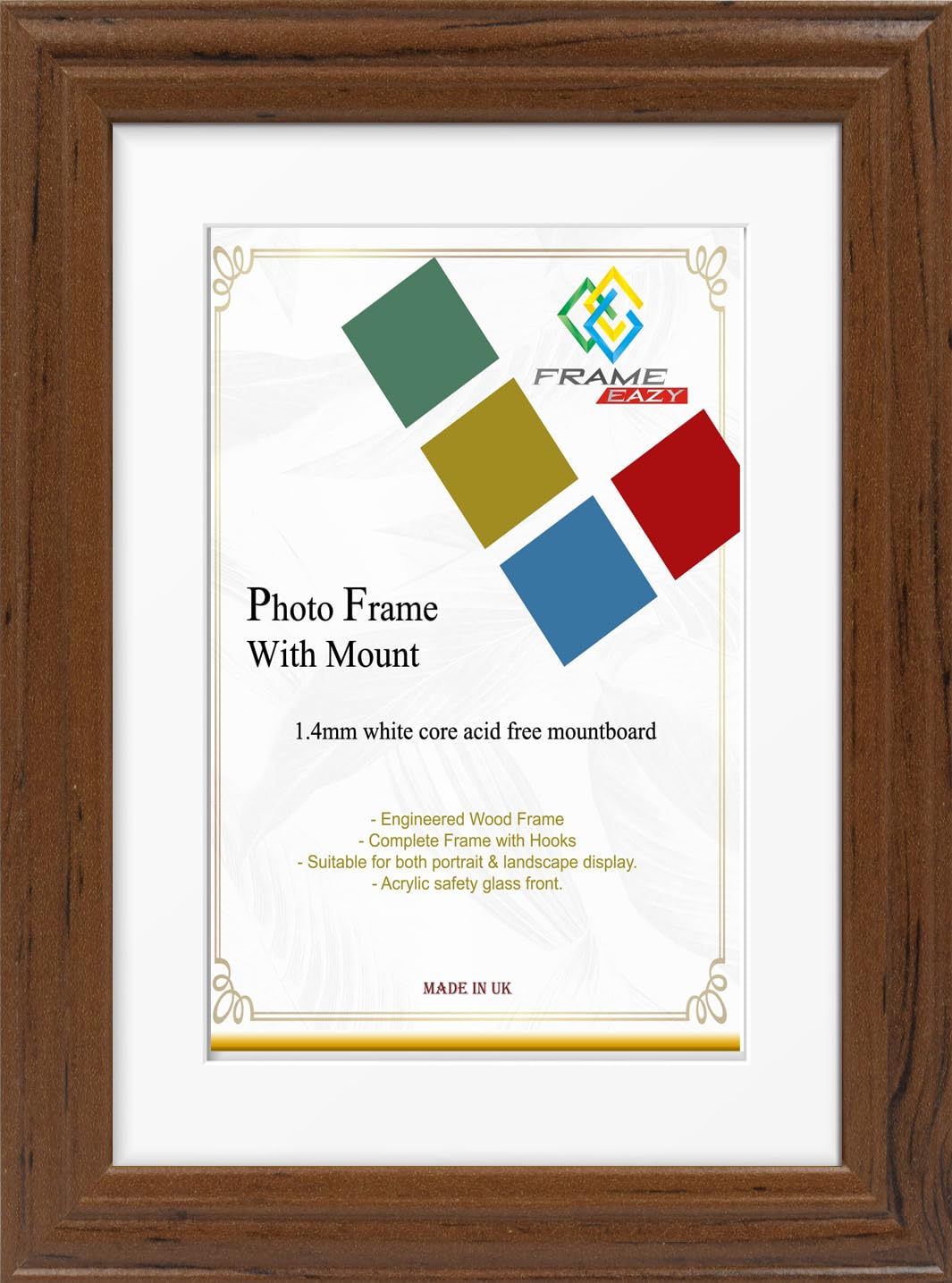FRAME EAZY Dark Oak 10x10 Photo Frame with 8x8 White Mount - Antique Style Picture Frame With Safe Perspex Front - Frame 10" x 10" For Picture Size 8" x 8" — image 1