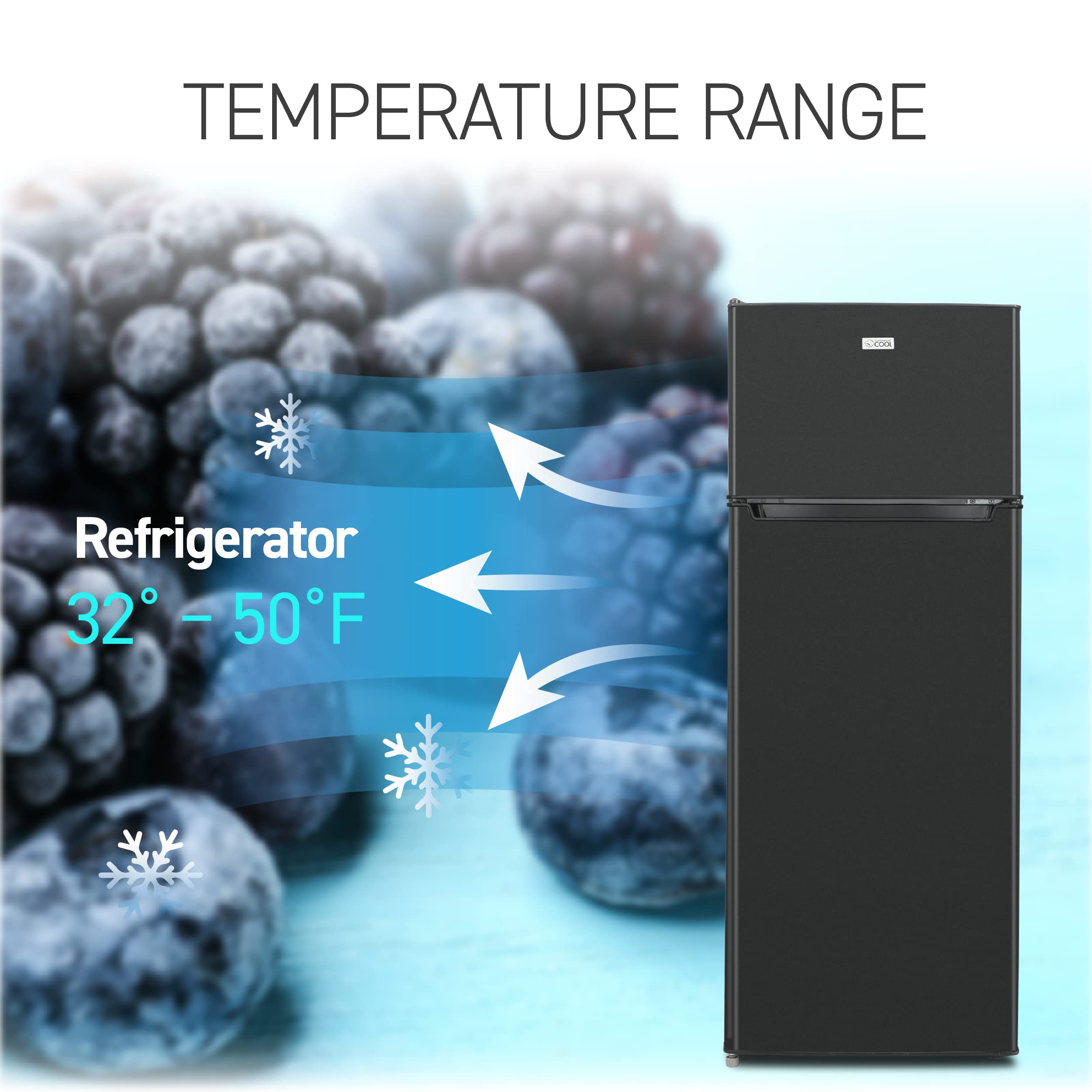 Commercial Cool 7.7 Cu. Ft. Refrigerator With Freezer, Top Mount Fridge With Glass Shelves, Bottle Storage, Beverage Rack, And Refrigerator Crisper Drawer Cover In Black on Fridge.com - View 6