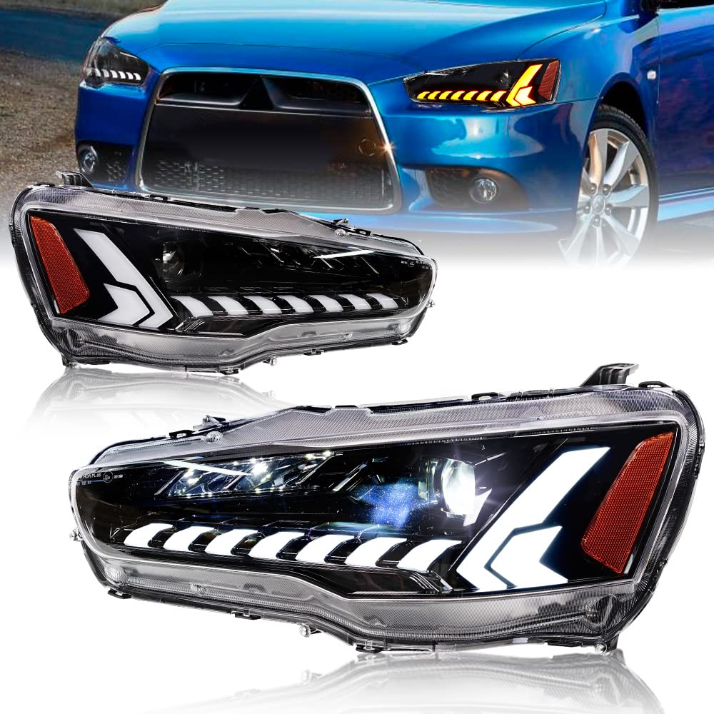 Archaic Dämonenaugen Scheinwerfer kompatibel mit Mitsubishi Lancer and Lancer EVO X 2008-2020, Frontlichter mit Animation DRL,mit E-Prüfzeichen