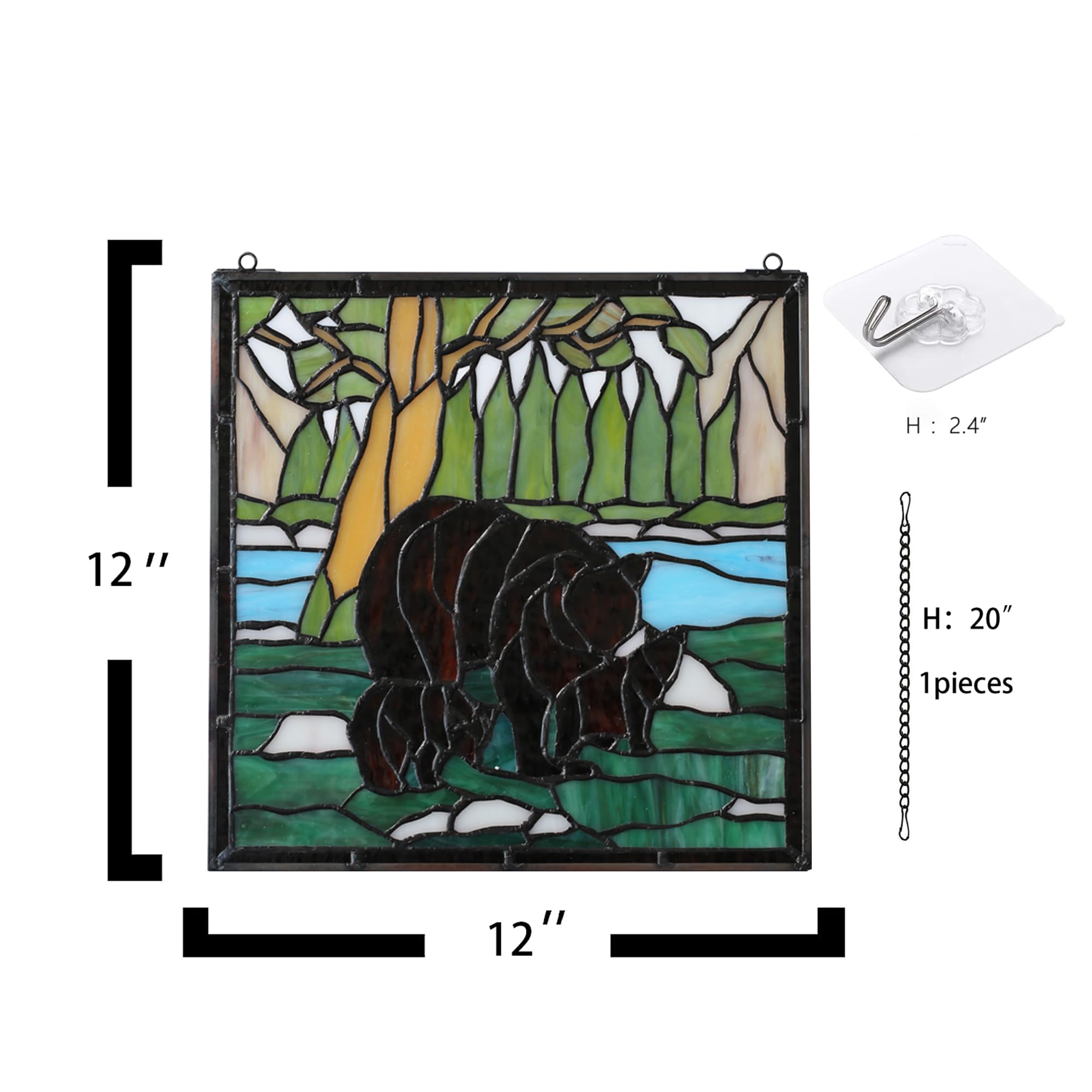 bwkoiujes Buntglas-Fensterbehang, 30,5 cm, quadratisch, Tiffany-Tier-Stil, 3 braune Bären, Sonnenfänger, Wanddekoration, Kunst-Panel, inklusive 50,8 cm Kette und Haken, das perfekte Geschenk zum
