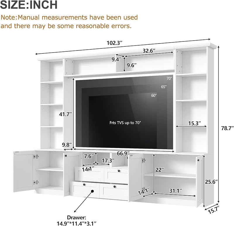 102.3" Farmhouse Entertainment Center with Storage, Large Wall Unit TV Stand with Storage Cabinet & Bridge & 4 Drawers for TVs up to 70", Media Console with Adjustable Shelves for Living Room, White image 3