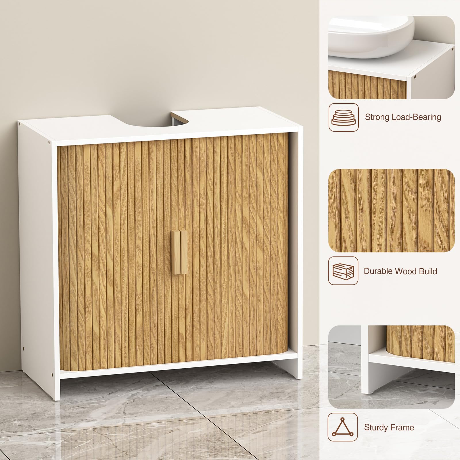 Mobile sottolavabo in legno con porta arrotolabile, per il bagno
