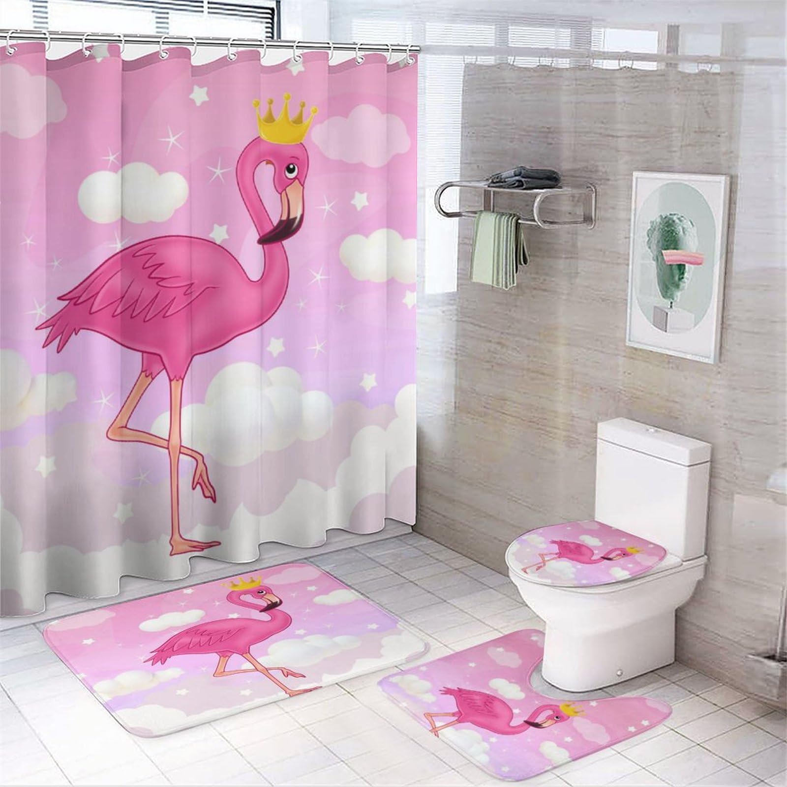 COALHO Watercolor Flamingo Pink Creative Bathroom Shower Curtain Set Cartoon Sky White Cloud Cute Flamingo Non Slip Waterproof Bath Mat Toilet Mat Rugs,183x183CM